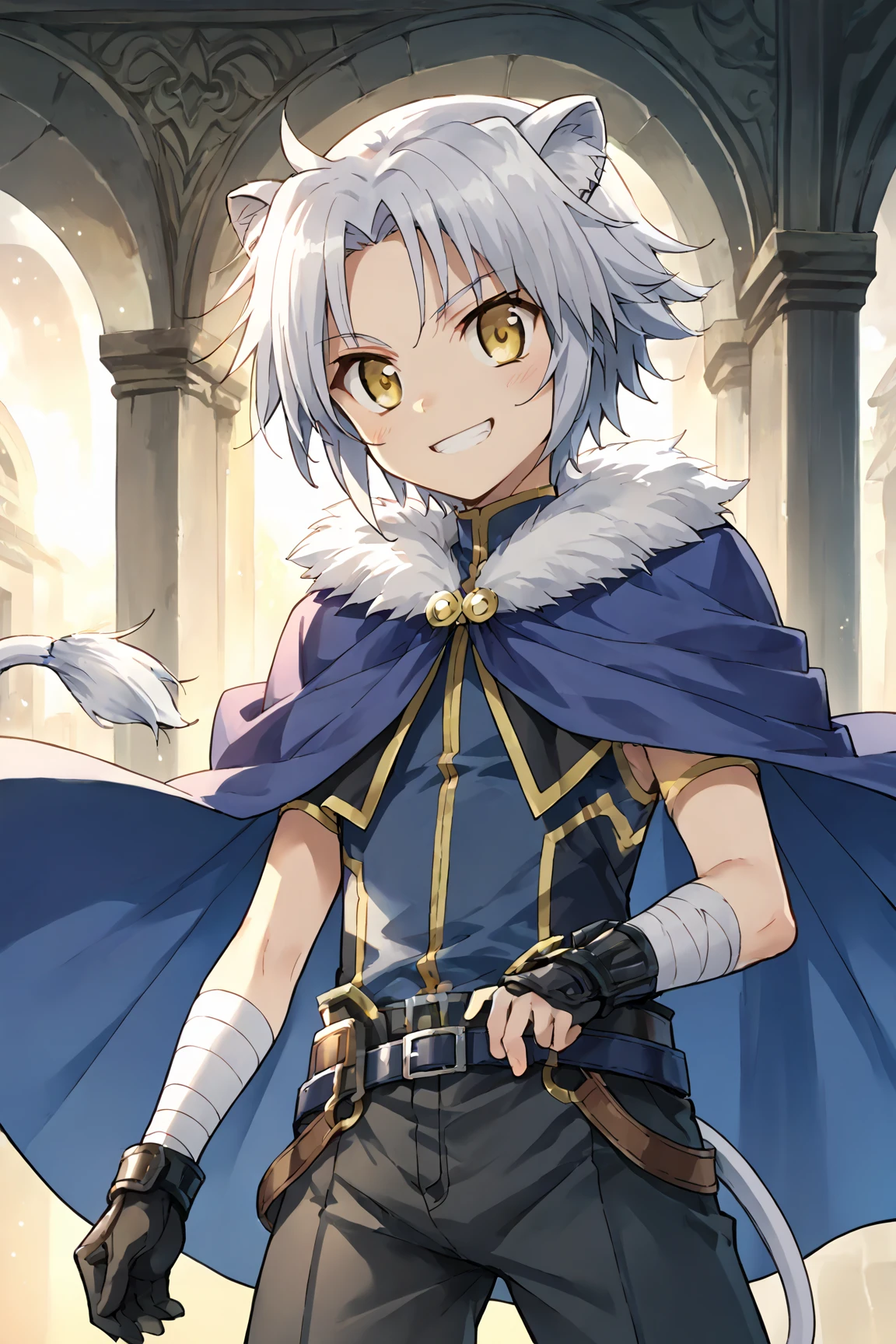 score_9, score_8_up, score_7_up, source_anime BREAK
1boy, solo, gaul, grey hair, yellow eyes, lion ears, lion tail, sleeveless shirt, cape, smile, 
zPDXL3, <lora:gaulPony:0.8>, cowboy_shot