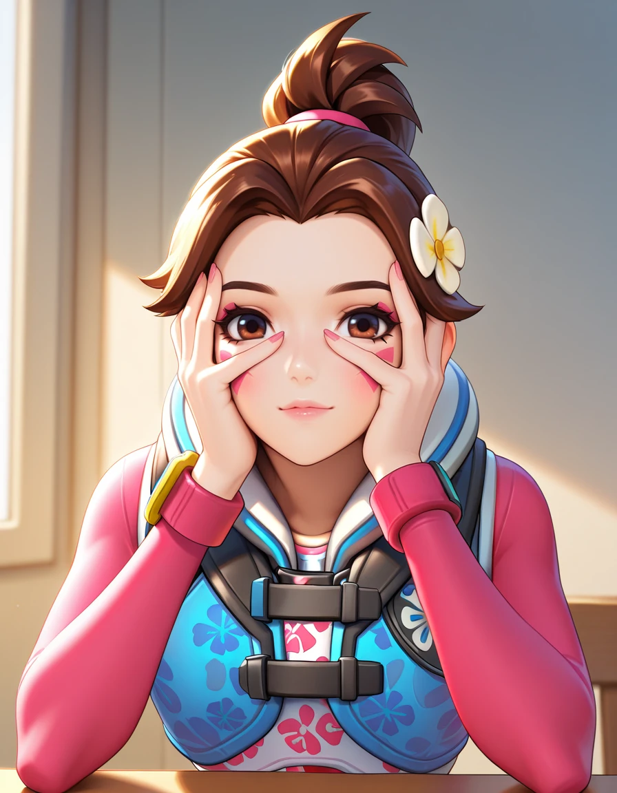 Masterpiece, high-res, 2k, best quality,  1 girl,  d.va (overwatch), waveracer , Hands on the face peeking through fingers<lora:waveracer illus-000045:1>