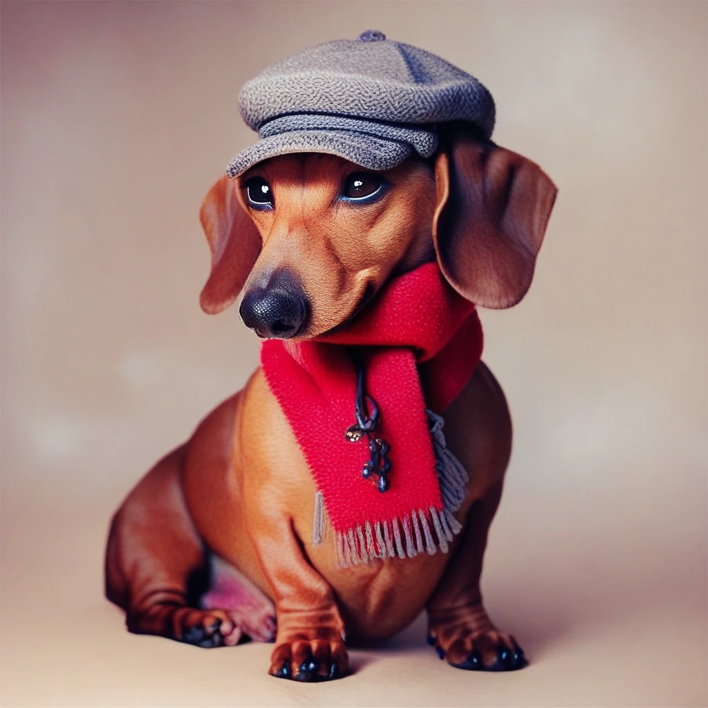 score_9, score_8_up, score_7_up, <lora:Dachshund-PonyV1:1> animal Focus, no humans, solo,  Dachshund-PonyV1, Dachshund, dog, small dog, animal, scarf, hat,