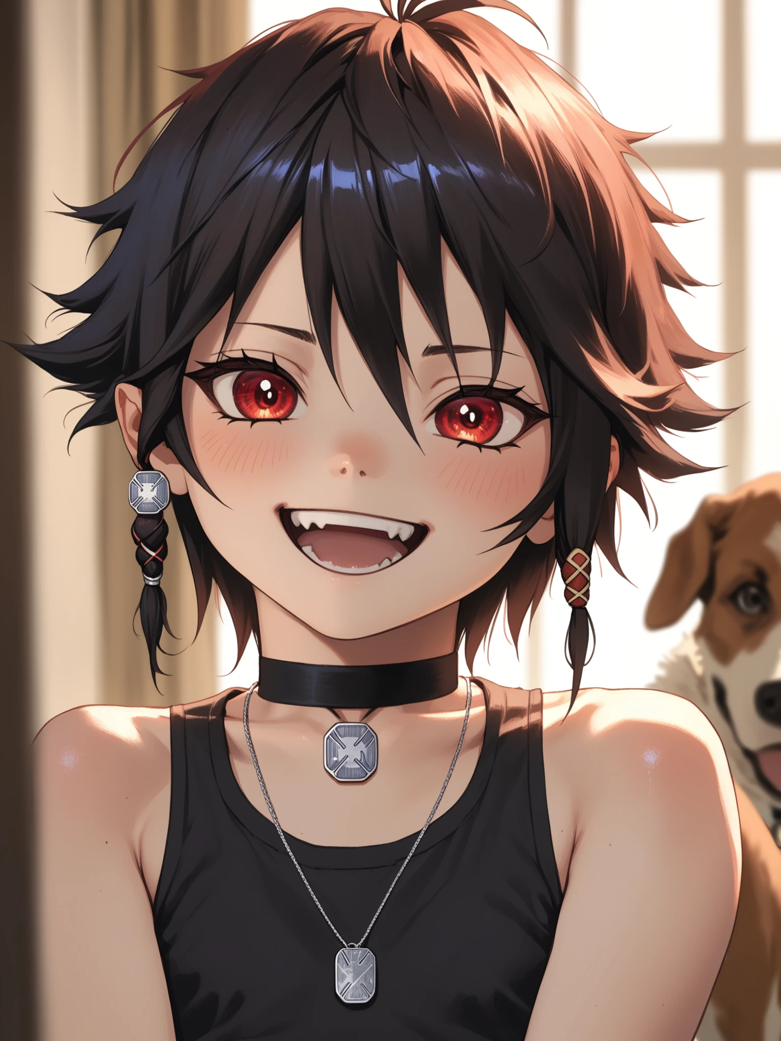 <lora:happy_tentacle-pastlulu-v0.1-000010:1>, ht_pastlulu, pendant choker, dog tags, , smile, open mouth, indoors, upper body, 1girl, (petite:1.2), solo focus, (looking at viewer:1.1), , (depth of field:0.8), (from below:0.8), [(realistic, photorealistic:1.1):(realistic:1.3):22], [(3d:1.2)::10], <lora:LUUNA's Lunas-NijiJourney-SDXL-B2:0.5>, nijijourney, <lora:prgfrg23's Counterfeit-V3.0 Style SDXL_LoRA_Pony Diffusion V6 XL:0.3> <lora:Shed_The_Skin's StS_age_slider_v1_initial_release:-1.2>, score_9, score_8_up, score_7_up, score_6_up, score_5_up, score_4_up