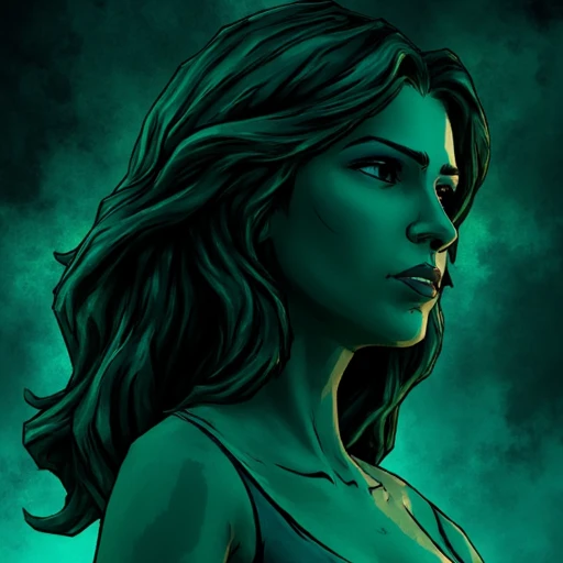 Digital ilustration in  wolfAMONGUS1style of a dark, moody, and ethereal style, featuring a hauntingly beautiful woman. The artwork is rendered in a digital medium, likely using software like Adobe Photoshop or Illustrator, with a focus on vibrant, glowing, and swirling effects. The woman has long, flowing hair that appears to be made of a glowing, ethereal substance, with colors shifting between various shades of teal and green, creating a mesmerizing, almost liquid-like texture.