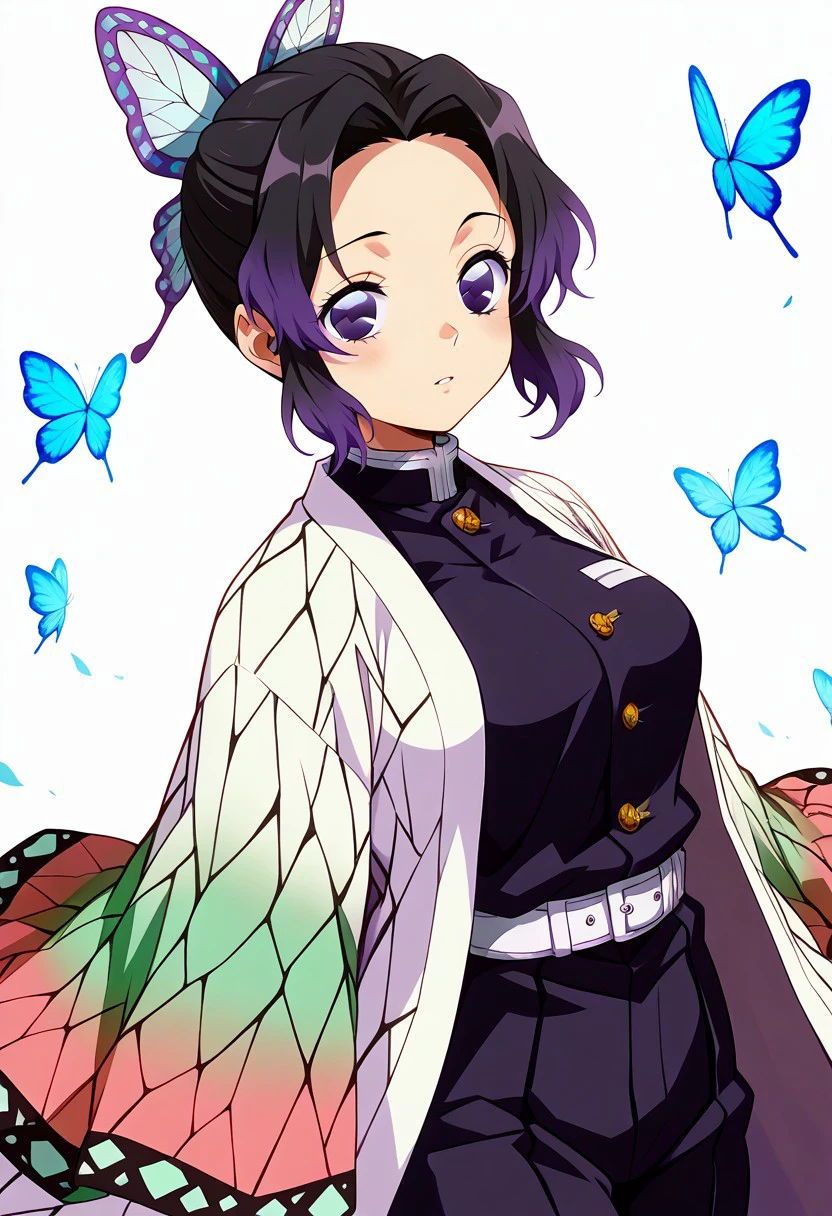 patShinobu, shinobu kochou, animal print, black hair, butterfly, butterfly hair ornament, butterfly print, forehead, gradient hair, hair ornament, haori, multicolored hair, parted bangs, purple hair, short hair, two-tone hair, belt, black pants, butterfly print, coat, demon slayer uniform, haori, japanese clothes,