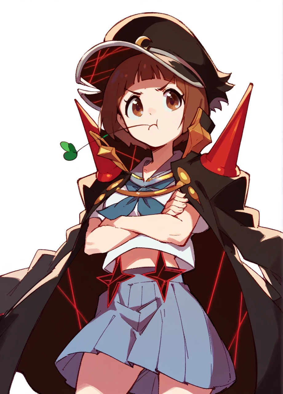 <lora:KLK_Mako-PONY:1> 1girl, solo, cowboy shot, white background, mankanshoku mako, bob cut, high collar, brown eyes, serafuku, skirt, jacket on shoulders, crescent hat ornament, crossed arms, twig in mouth, klkmakofcu, score_8_up, score_7_up, score_6_up, score_5_up, score_4_up,