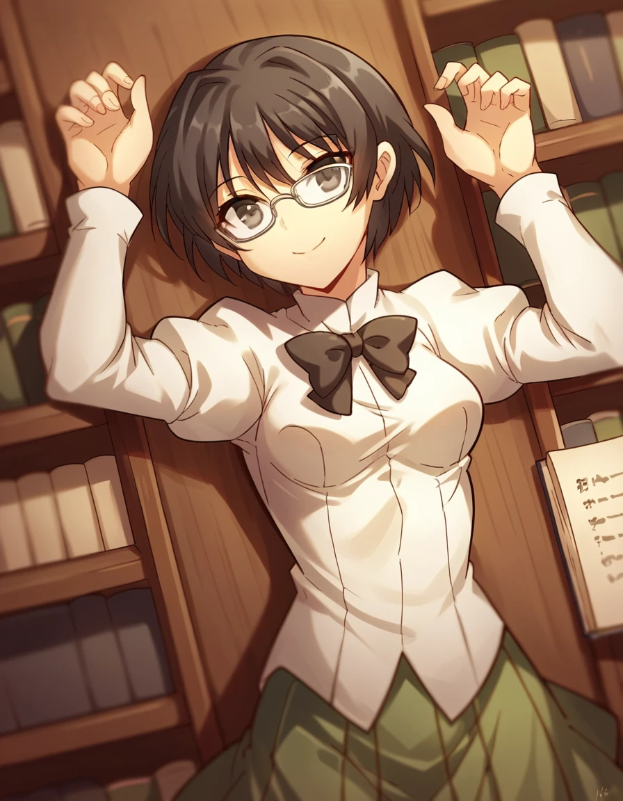 score_9, score_8_up, score_7_up, source_anime, <lora:shizune-hakamichi-ingame-ponyxl-lora-nochekaiser:1>, shizune hakamichi, short hair, black hair, glasses, black eyes, medium breasts,, shirt, long sleeves, bow, school uniform, white shirt, pleated skirt, puffy sleeves, bowtie, black bow, juliet sleeves, green skirt, black bowtie, library, reading books, glasses, quiet, focused, shelves of books, smile, on back, arm support, arms up, incoming hug, pov, reaching, reaching towards viewer,, looking at viewer, solo,, dutch angle, cowboy shot