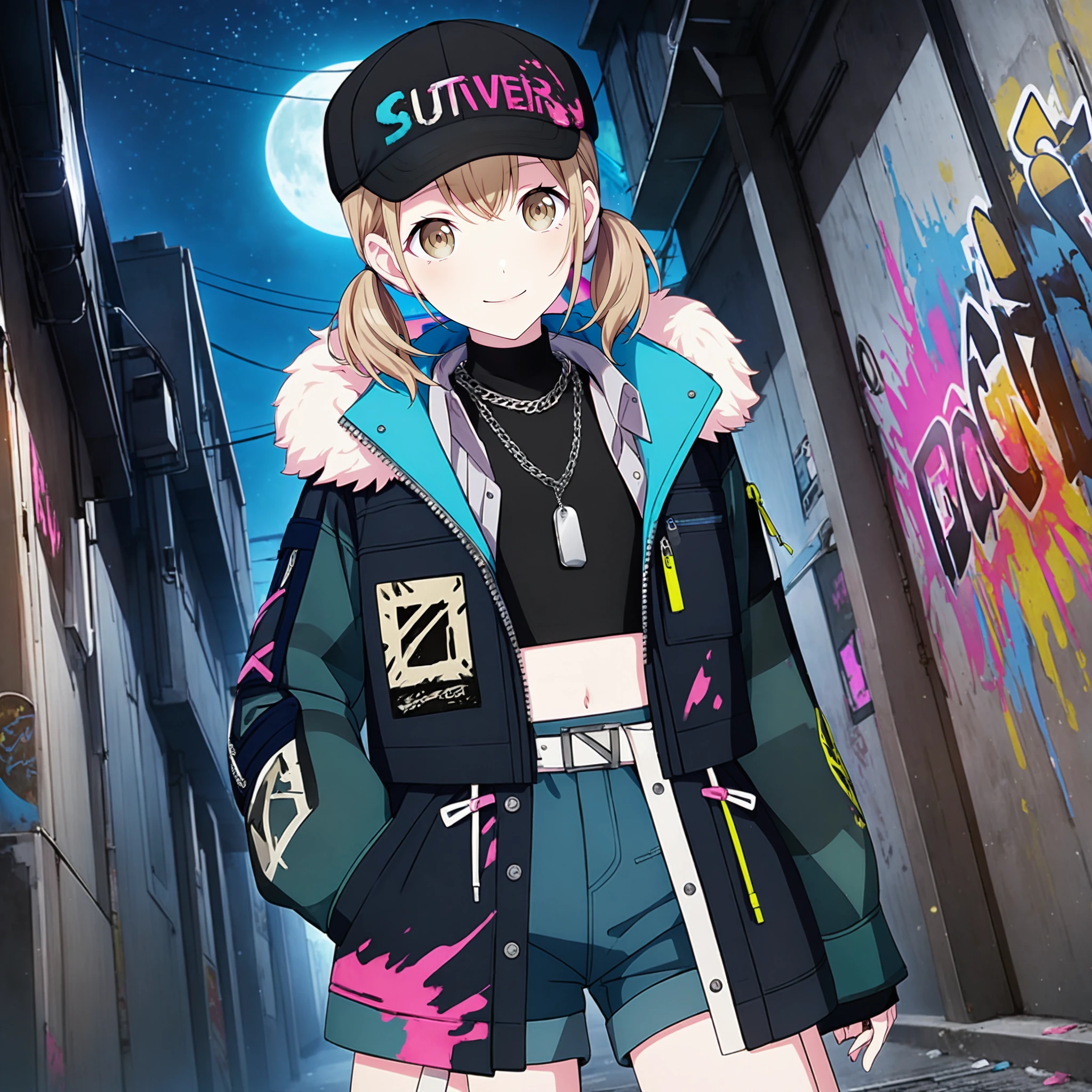 1girl, azusawa kohane, project sekai, masterpiece, very aesthetic, absurdres, official art,
rookie survivor, solo, low twintails, blonde short hair, beige eyes,
(looking viewer:1.4), light smile, hands in pocket, cowboy shot, contrapposto, dutch angle, BREAK
blue shorts, crop top, jewelry, black turtleneck, black cap, white belt, chain necklace, open clothes, black coat, midriff, open coat, sleeves past wrists, zipper, fur trim, dog tags, open jacket, navel, paint splatter, multicolored clothes, zipper pull tab, belt buckle, torn clothes around waist,
beautiful starry sky, back alley, gangland, wall text, graffiti, messy town, midnight, night, night road, moon, moon light,
<lora:sdxl-vbs-RookieSurvivor03:0.9:lbw=0,0,0.2,0.2,0,0.4,0.4,0,0.8,0.8,0,0,0,0.8,0.8,0.6,0.8,0.0,0.0,0.0,0,0,0,0,0,0>