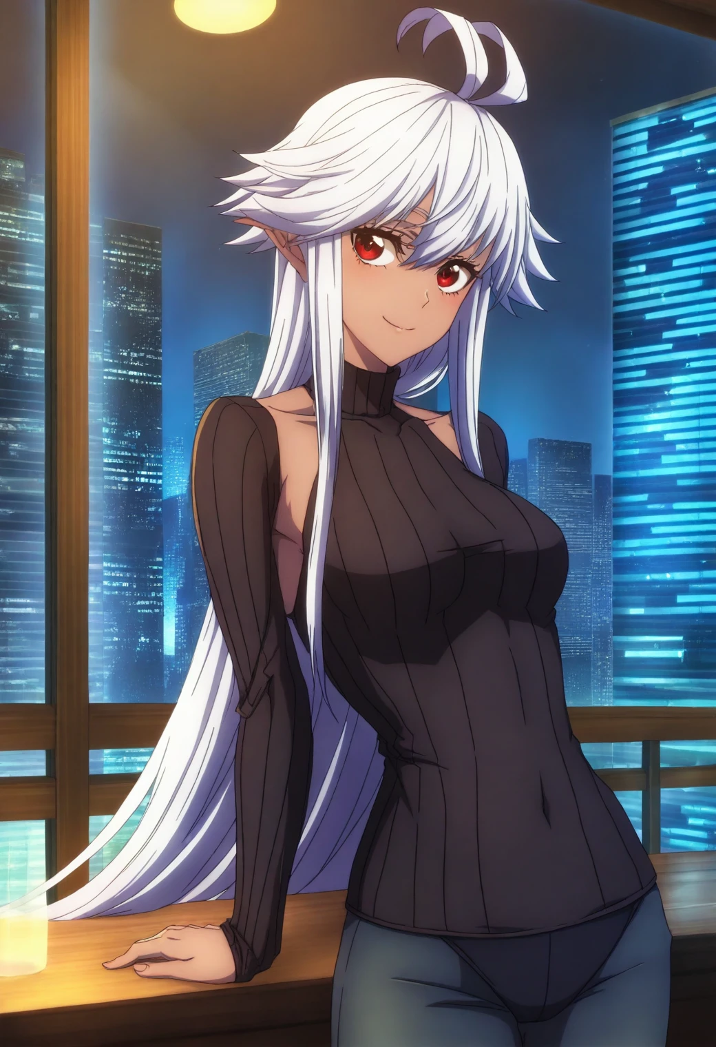 <lora:Reanette Elfelt - [Shinmai Ossan Boukensha] - illustriousXL v1:1>, sysdeep_reanette, white hair, red eyes, solo, City cafe at night, tight blouse, leaning on bar counter, mysterious smile