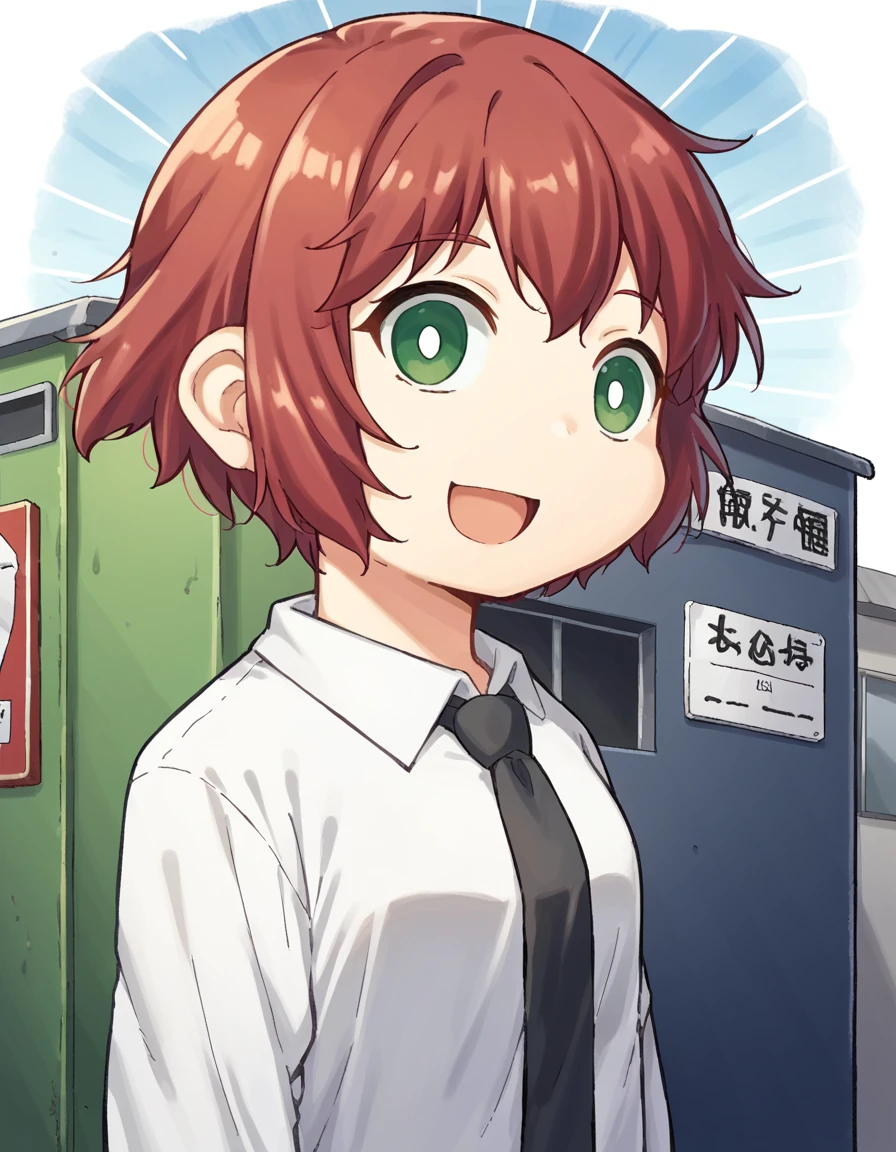 score_9, score_8_up, score_7_up, source_anime, <lora:rin-tezuka-ingame-ponyxl-lora-nochekaiser:1>, rin tezuka, short hair, green eyes, red hair, amputee,, shirt, long sleeves, school uniform, white shirt, necktie, collared shirt, pants, green pants,, bus stop, waiting, commuter, smartphone, checking time, cold morning, smile, <lora:seyana-ponyxl-lora-nochekaiser:1> seyana, seyana (meme), gyari (imagesdawn) (style), sunburst background, sunburst, meme, emphasis lines, bright pupils, empty eyes, white pupils, smile, open mouth, looking at viewer, solo,, dutch angle, cowboy shot