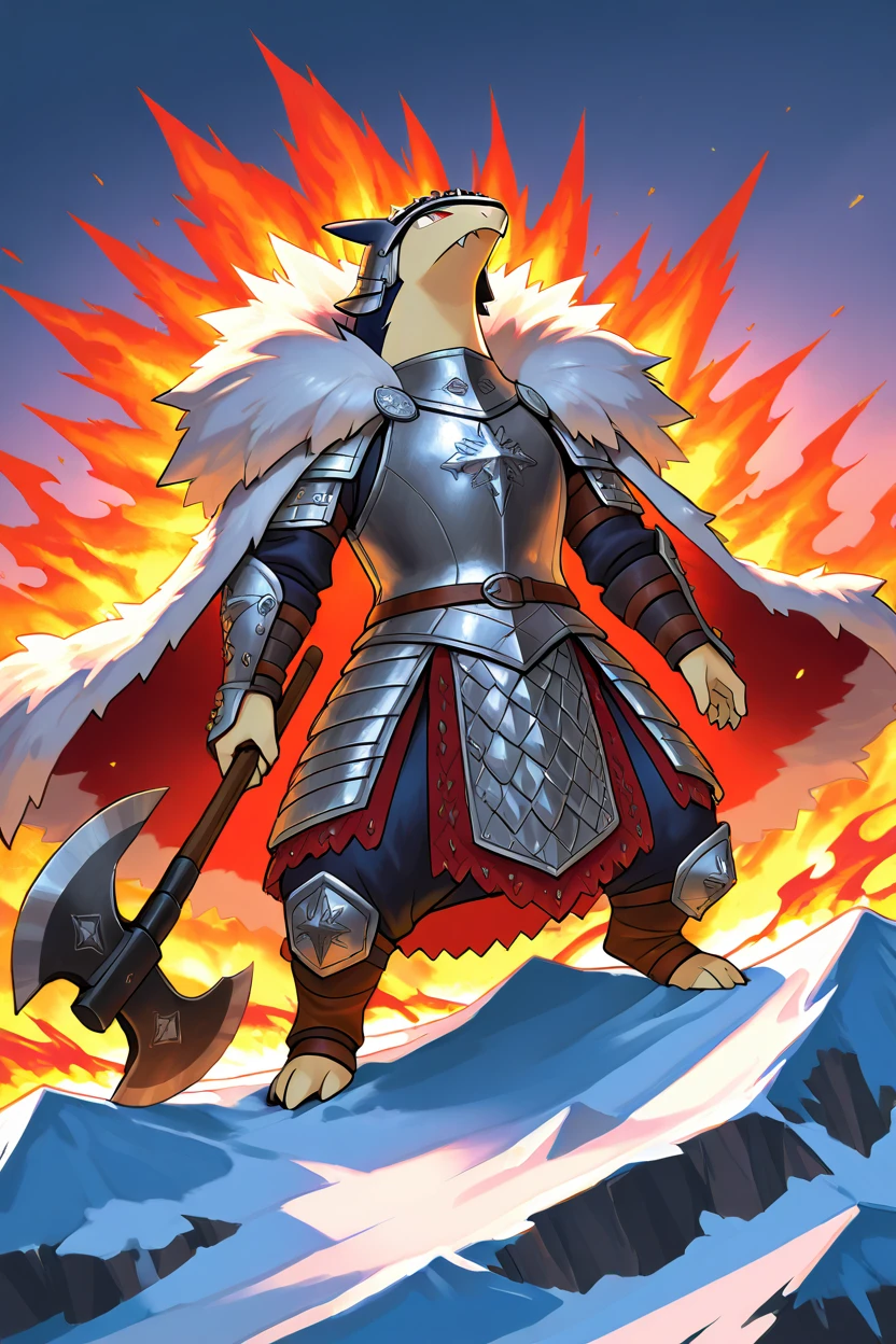 masterpiece, best quality,   no humans, pokemon (creature), fire,  <lora:TyphlosionPokedexIXL:1.0>,   Norse Mythology-Inspired, zzTyphlosion in Viking armor, fur cloak, horned helmet, long axe, rune, snowy mountain, great hall, massive ship, epic battle