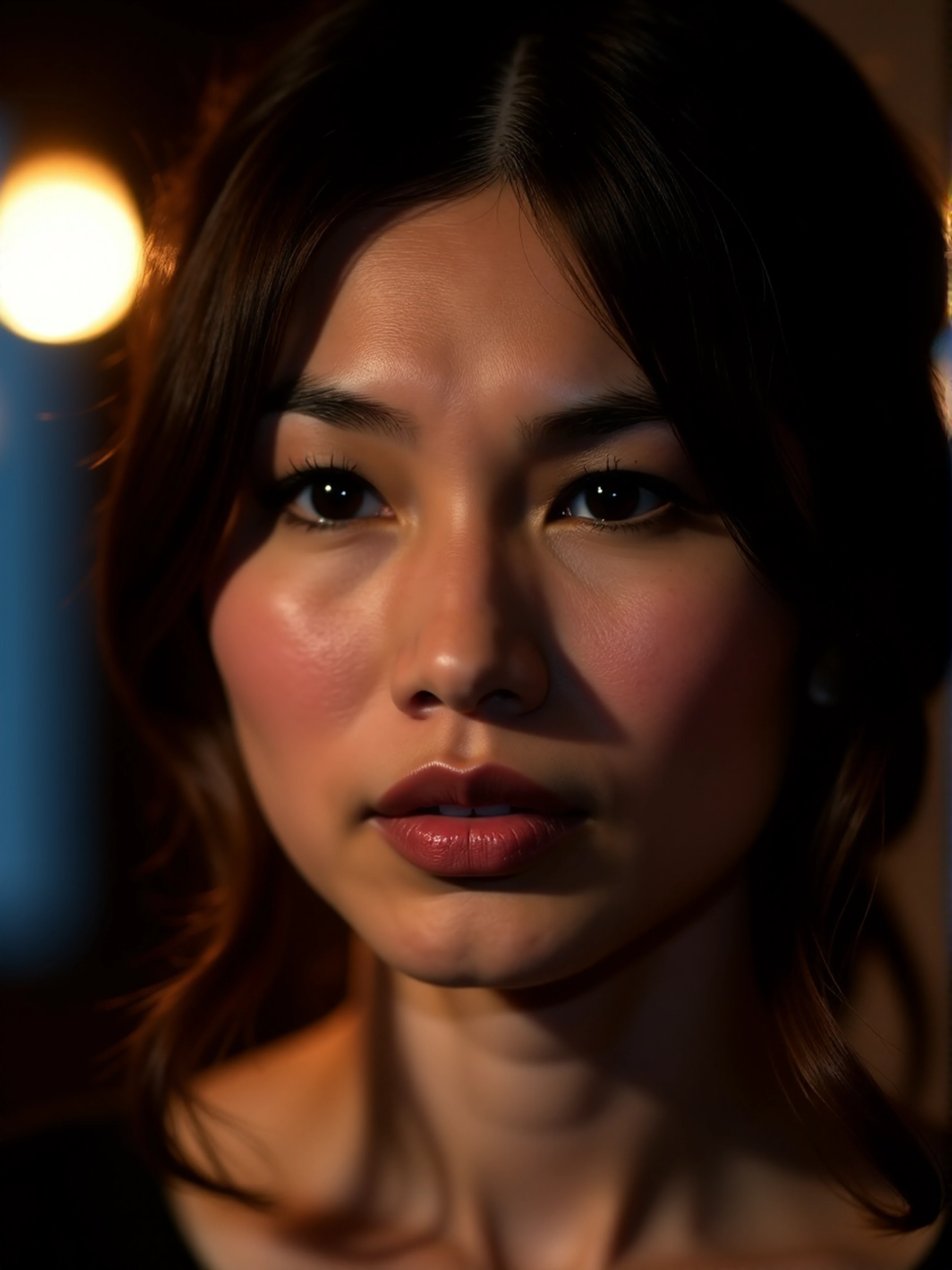 emotional moment in <lora:Gemma_Chan_2015s:1> woman. 135mm lens, f/4, capture expressions, ambient lighting