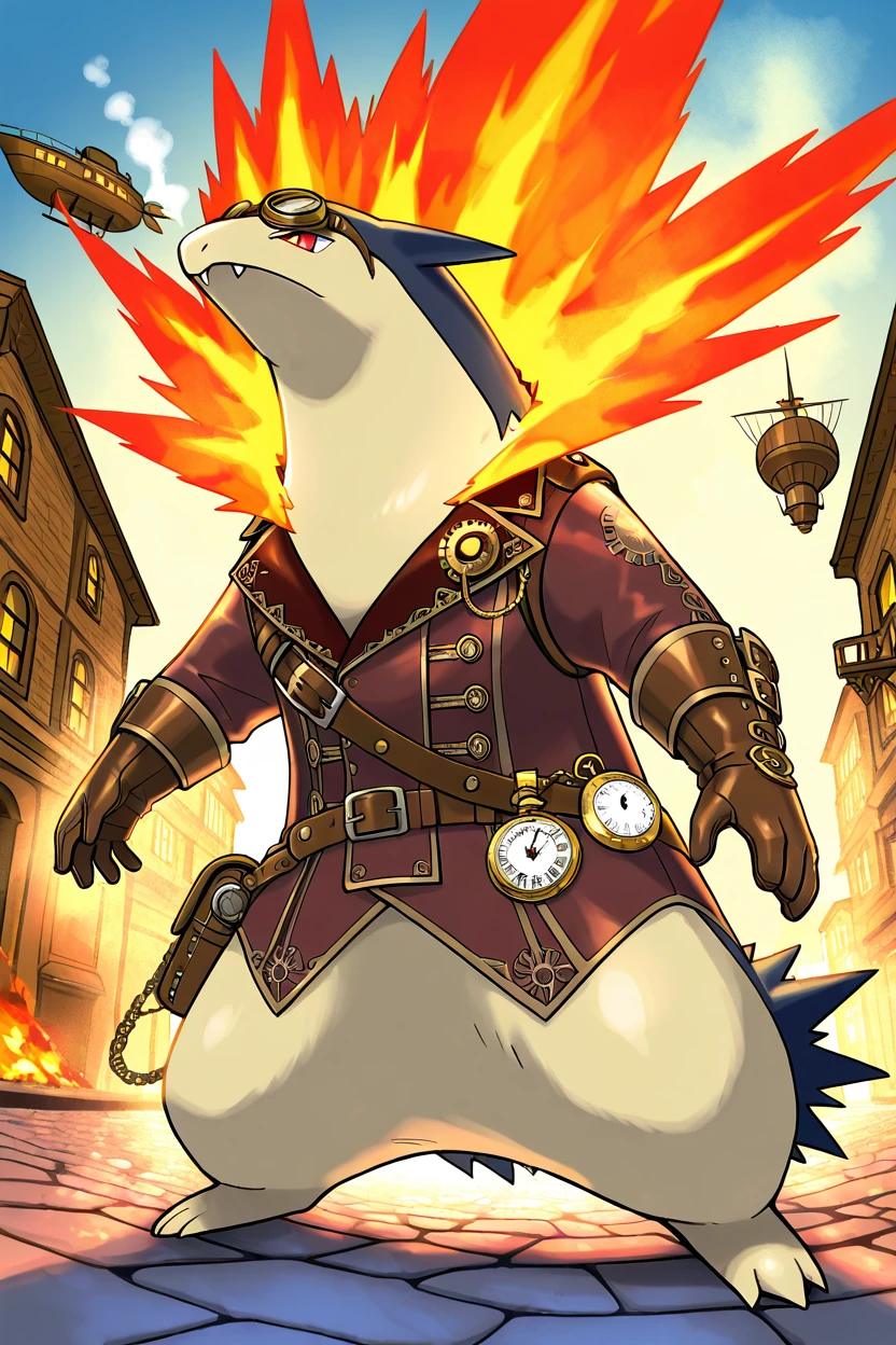 masterpiece, best quality,   no humans, pokemon (creature), fire,  <lora:TyphlosionPokedexIXL:1.0>,   Steampunk, zzTyphlosion wearing Victorian-style clothing, brass goggles, leather gloves, pocket watch, gears and cogs, steam-powered machinery, cobblestone street, airship