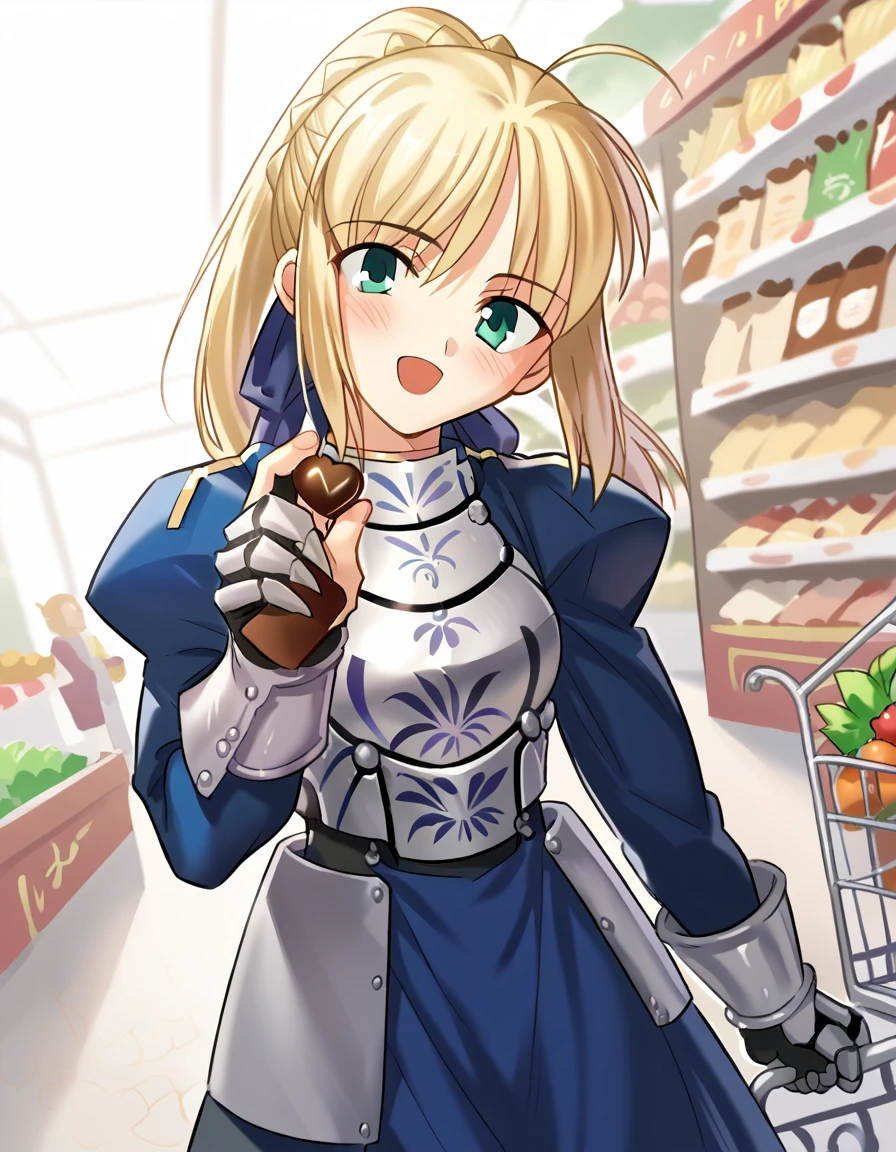 score_9, score_8_up, score_7_up, source_anime, <lora:artoria-pendragon-ingame-ponyxl-lora-nochekaiser:1>, artoria pendragon, artoria pendragon (fate), saber, long hair, blonde hair, green eyes, ponytail, ahoge, medium breasts,, dress, ribbon, armor, gauntlets, armored dress, blue dress, grocery store, shopping cart, picking fruits, everyday life, , <lora:incoming-chocolate-ponyxl-lora-nochekaiser:1> incoming food, chocolate, holding, holding chocolate, holding food, food, looking at viewer, open mouth, blush, smile, school uniform,, looking at viewer, solo,, dutch angle, cowboy shot