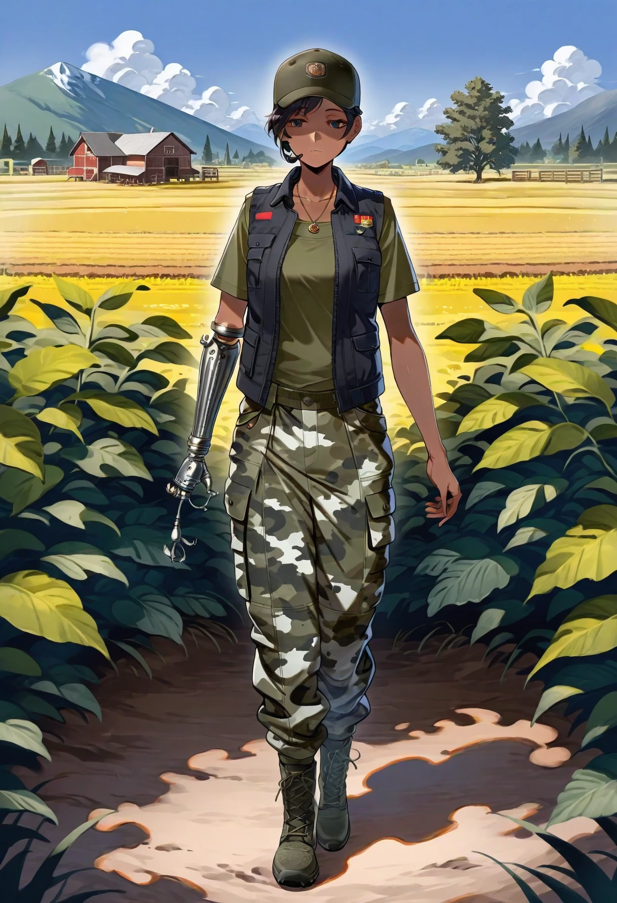 (masterpiece, best quality, high quality, good quality), 1girl, solo,parvatih, <lora:MayaParvatiIllustrious:0.8>,dark skin,dark-skinned female,vest,green shirt,short sleeves,(prosthesis,single mechanical arm:1.2),necklace,baseball cap,camouflage pants,black hair,short hair,outdoors,farm,boots,full body,facing viewer