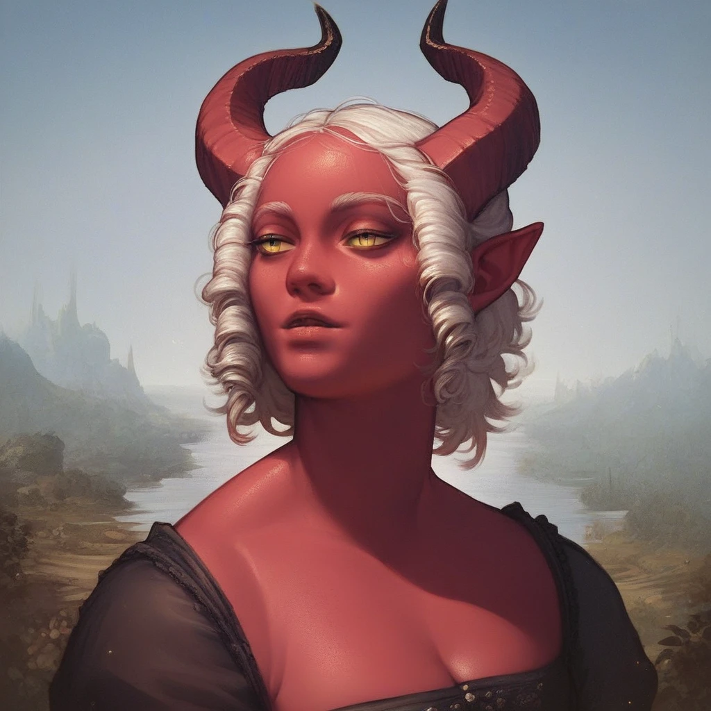 score_9, score_8_up, score_7_up, <lora:Leonardodavincioilpainting:1> portrait, beautiful, 1 girl, demon girl, succubus, red skin, horns, white hair