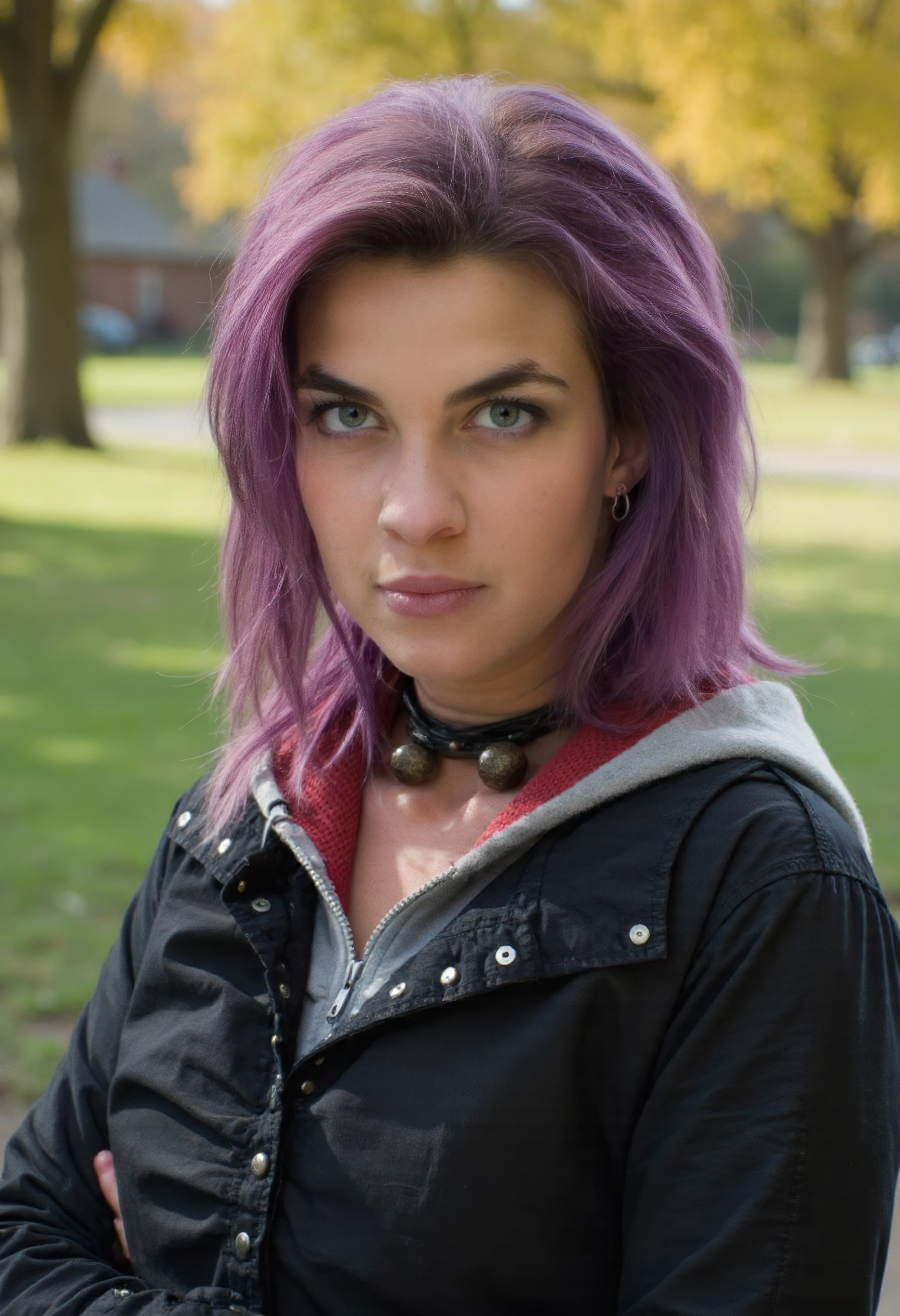 The image is a portrait of Nymphadora woman posing for a photo ,She has medium purple hair,She is wearing a black jacket.She is outdoors in a park. Upper body photo. She is looking at viewer. Amateur photography.