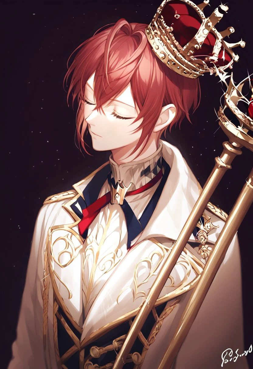 score_9, score_8_up, source_anime, highly detailed, highly detailed eyes,Solo, solo focus, crown, blue nails, upper body, solo, male focus, closed eyes, ring,riddle_rosehearts,red_hair,Grey_eyes, holding a Staff