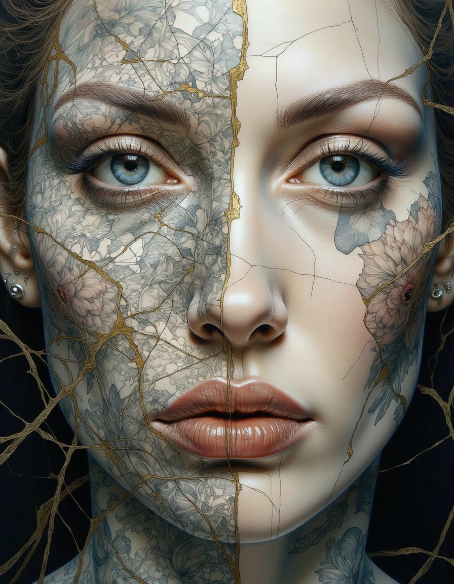 By Dorota Pietrowiak. This is a highly detailed, realistic drawing of a intense, close-up portrait of a woman's face, rendered as if her skin is made of fractured porcelain, meticulously adorned with symmetrical, surreal floral tattoos that blend organic and geometric forms, creating a dreamlike and hyperrealistic aesthetic. Her striking blue eyes, framed by meticulously drawn eyebrows, pierce through the fractured surface and the intricate, floral tattoo design, holding a captivating mix of vulnerability and resilience, reflecting the strange beauty of the surreal world. Her full, slightly parted lips, painted a deep, glossy red, add a touch of warmth and humanity to the fragmented, floral visage.
The surreal floral tattoos themselves are the focal point, composed of stylized flowers, fragmented petals, and geometric patterns that morph and intertwine, creating a mesmerizing and otherworldly visual tapestry across her face. They are rendered in a stark palette of black and gold, with the gold accents highlighting the intricate details and surreal nature of the floral designs. The overall effect is both hauntingly beautiful and deeply unsettling, a testament to the artist's ability to evoke complex emotions through the juxtaposition of fragility, intricate floral designs, surrealism, hyperrealism, black and gold accents, and the human form. The subtle lighting casts soft shadows and highlights that enhance the texture and depth of the fractured porcelain and the surreal floral tattoos, while the dark background allows the viewer's focus to remain solely on the woman's captivating, surreally adorned face. <lora:Dorota_Pietrowiak:1>