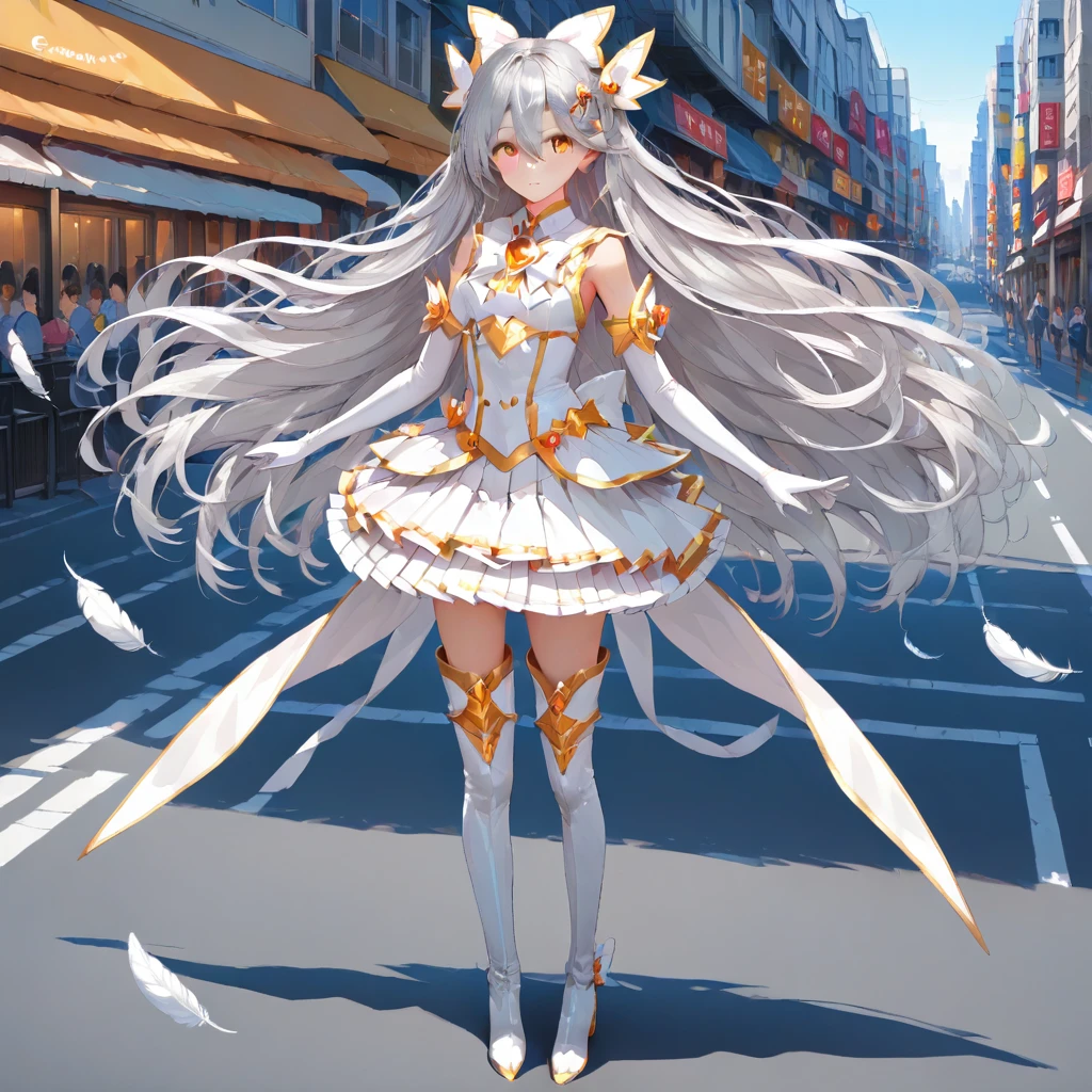 hair between eyes, (Silver hair:1.2), Magical Girl, elbow gloves, white back bow, thigh boots, white feather, white gloves, large bow, Amber eyes, white bow, , pleated skirt, white skirt, white boots, white top, golden brooch, hair clip, long hair, hair ornament, miniskirt