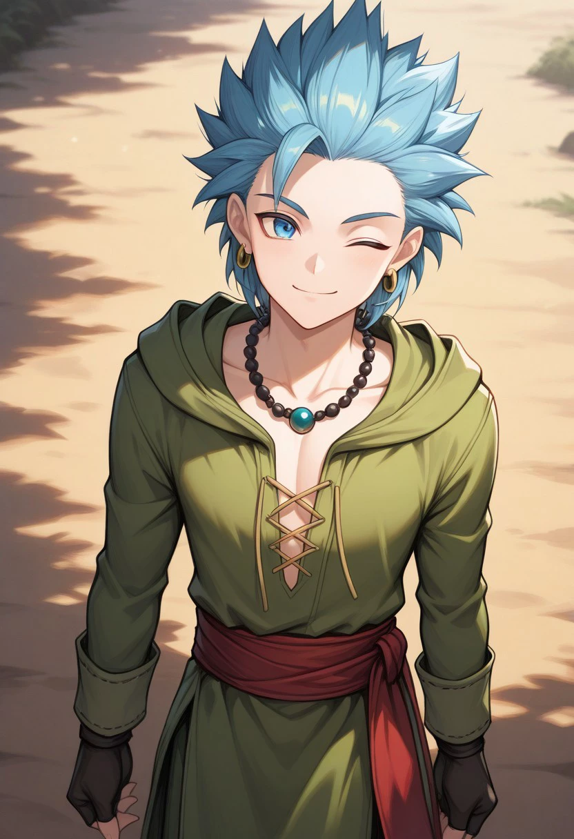 masterpiece, best quality, 
dqerik, 1boy, male focus, solo, blue eyes, blue hair, earrings, hoop earrings, short hair, single bang, spiked hair, jewelry, necklace, bead necklace, collarbone, tunic, green tunic, hood, long sleeves, gloves, fingerless gloves, sash, red sash, smile, one eye closed, arms at sides
outdoor,