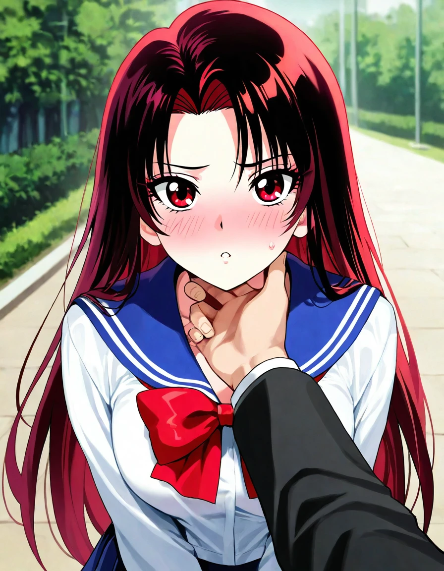 1girl, 1boy, haduki izuna, jigoku sensei nube, general, pov, pov hand, hand on another's chin, embarrassed, blush, looking at viewer, incoming kiss, female focus, outdoors, long hair, red hair, red eyes, serafuku, white shirt, collared shirt, long sleeves, red bowtie, edium breasts, masterpiece, absurdres, very aesthetic, best quality, good quality