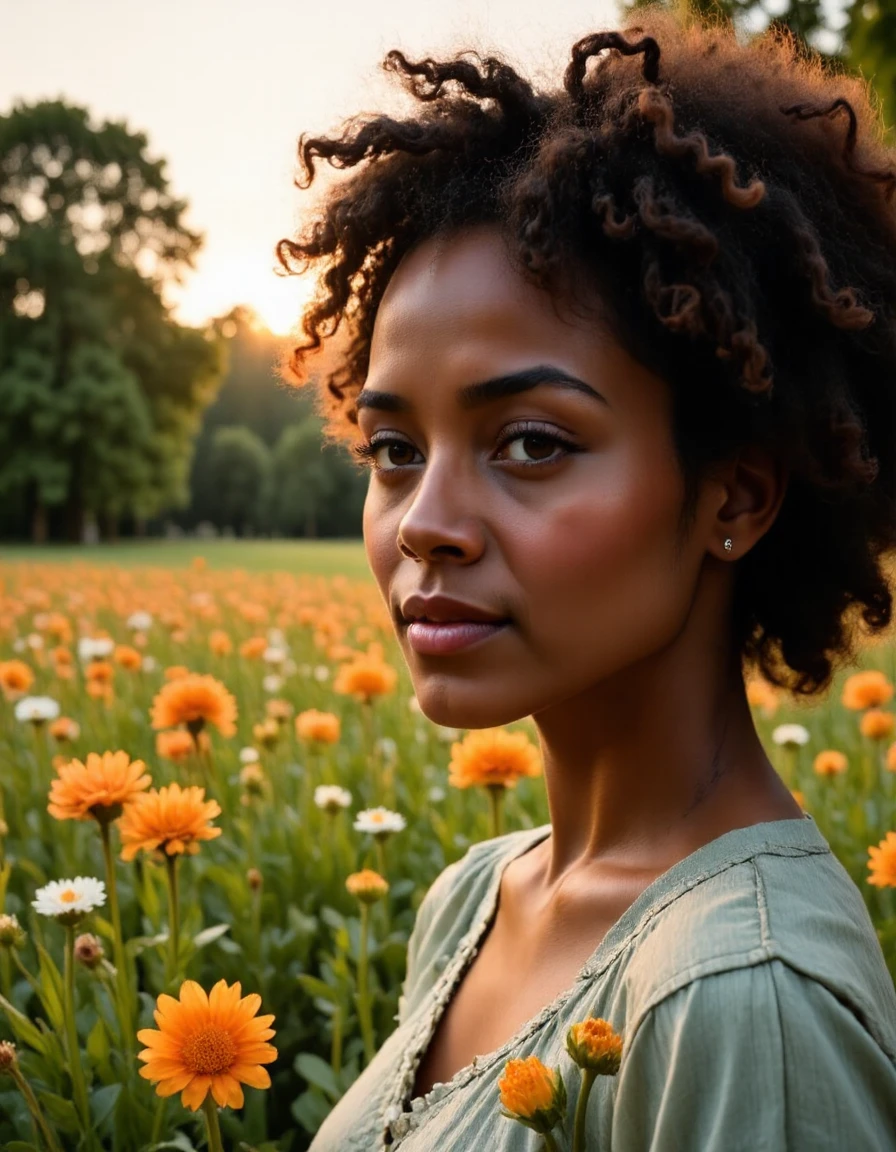 a field of wildflowers. Trees and a beautiful Afro-Canadian woman in the sharp background, deep depth of field, clearly defined facial features, (rim light:1.4), a field of wildflowers. Trees and a beautiful Afro-Canadian woman in the sharp background, deep depth of field, clearly defined facial features, (rim light:1.4), dazzling warm illumination, detailed, intricate, elegant, highly contrasted, dramatic professional, cinematic, artistic, great composition, dynamic, rich vibrant colors, striking, attractive, aesthetic, very