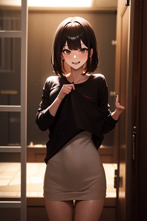 masterpiece, best quality, 32k, high resolution, absurdres, naked black shirt, smile, no pants, standing, cowboy shot, large breasts, clothes writing, sweat, clothes lift, shirt lift, black hair