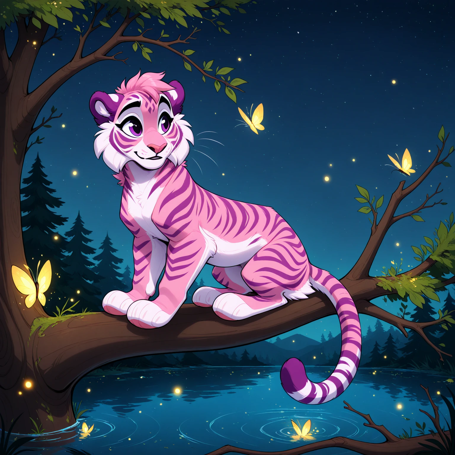 mammal, feral, felid, tree, plant, pantherine, tiger, insect, fur, solo, ambiguous gender, branch, outside, arthropod, beetle, on branch, ambient insect, firefly, elateroid, ambient arthropod, purple fur, purple body, ambient firefly, stripes, in tree, pink body, detailed background, pink fur, night, digital media (artwork), white fur, white body, lepidopteran, female, sitting, star, striped body, striped fur, butterfly, lying, water, dirtysoda <lora:dirtysoda_1.0noob:1>