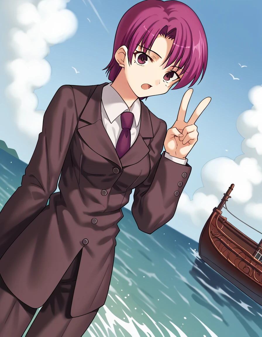 score_9, score_8_up, score_7_up, source_anime, <lora:bazett-fraga-mcremitz-ingame-ponyxl-lora-nochekaiser:1>, bazett fraga mcremitz, short hair, purple eyes, purple hair, mole, mole under eye, medium breasts,, necktie, formal, suit,, jetty, water, boats, dock, narrow, , v, v over eyes,, looking at viewer, solo,, dutch angle, cowboy shot