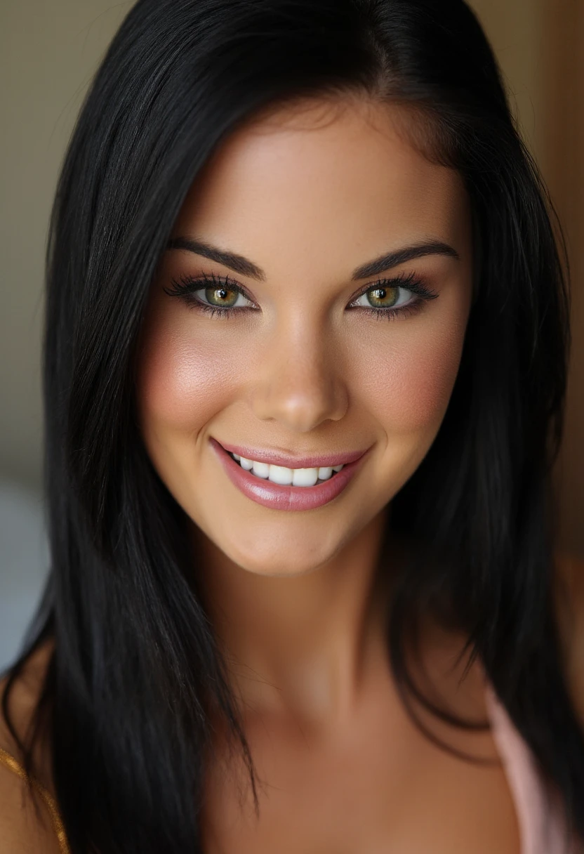 the image is a high-quality professional  close-up photograph of  beautiful jaydenicole with straight black hair.  She is wearing gold trim. She is looking directly at the viewer and smiling. The background is simple. This photo is a headshot. Shot with small amount of film grain. This is a SFW image. 