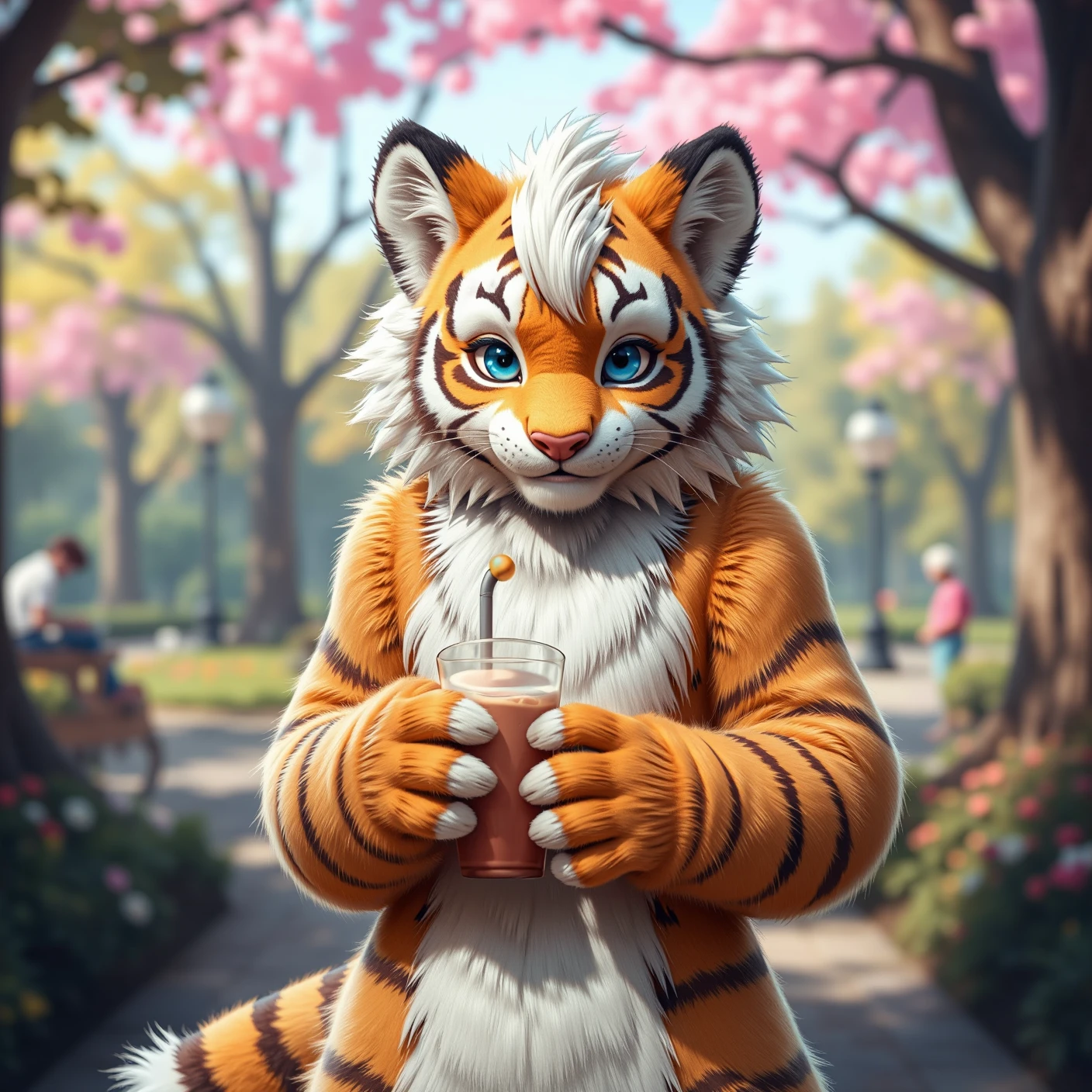 ursuit, furry focus, furry style, furry costume, anthropomorphic, anthro, fluffy body, furry, fur body, milkytiger, white hair, blue eyes, 1boy, solo, realistic, realism, real, orange fur, park, park background, bubble tea, holding