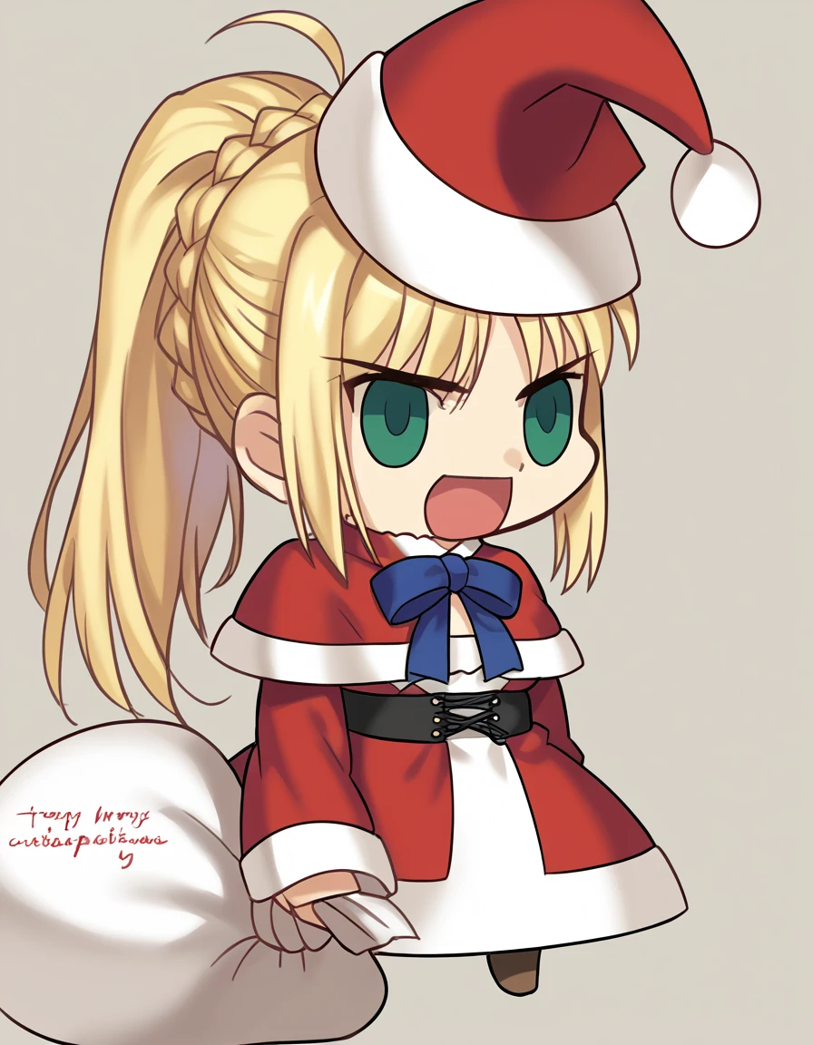 score_9, score_8_up, score_7_up, source_anime, <lora:artoria-pendragon-ingame-ponyxl-lora-nochekaiser:1>, artoria pendragon, artoria pendragon (fate), saber, long hair, blonde hair, green eyes, ponytail, ahoge, medium breasts,, <lora:padoru-ponyxl-lora-nochekaiser:1>, padoru, padoru (meme), holding sack, sack, santa hat, meme, christmas, open mouth, chibi, red capelet, santa dress, capelet, fur-trimmed headwear,, , dutch angle, cowboy shot