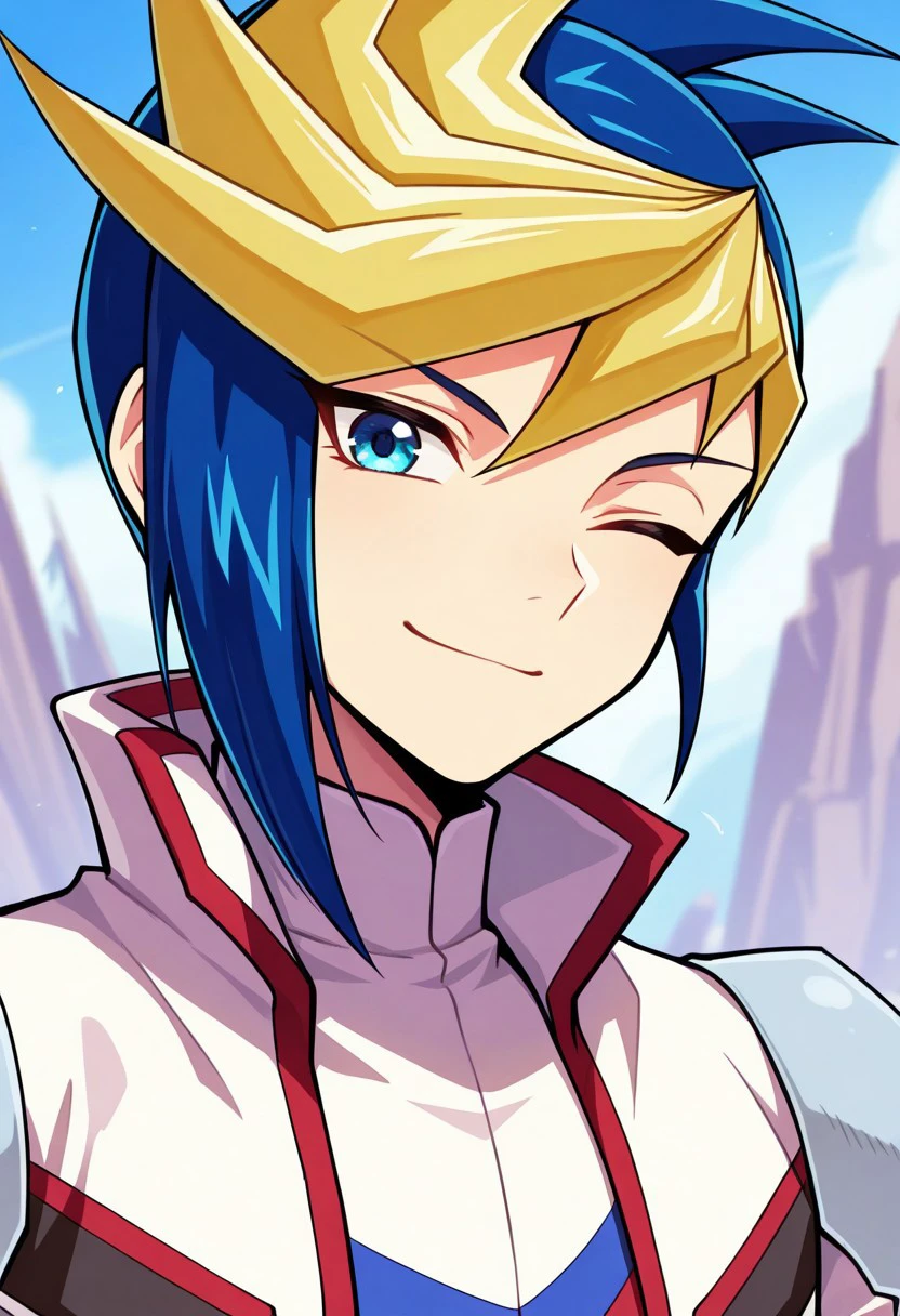 masterpiece, best quality, 
yugo, 1boy, male focus, solo, blue eyes, multicolored hair, two-tone hair, spiked hair, dyed bangs, blue hair, blonde hair, jumpsuit, white jumpsuit, multicolored jumpsuit, jacket, white jacket, shoulder protectors, smile, one eye closed, portrait 
outdoor,