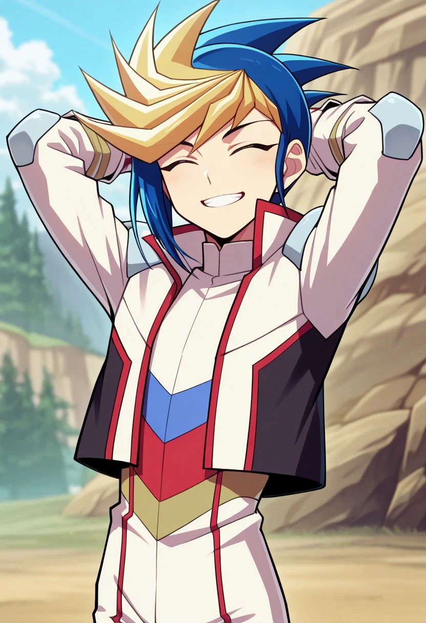 masterpiece, best quality, 
yugo, 1boy, male focus, solo, closed eyes, multicolored hair, two-tone hair, spiked hair, dyed bangs, blue hair, blonde hair, jumpsuit, white jumpsuit, multicolored jumpsuit, jacket, white jacket, shoulder protectors, gloves, smile, grin, hands behind head,
outdoor,