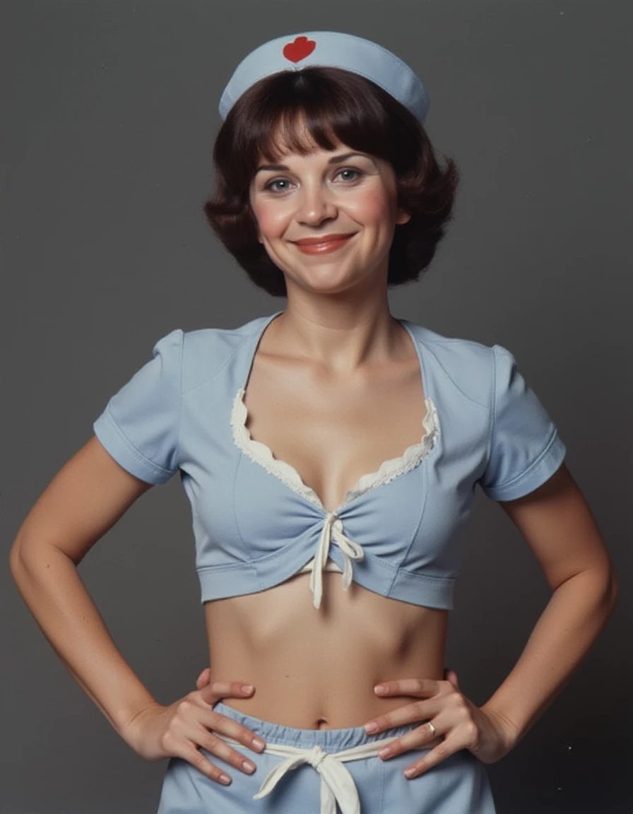 <lora:cindy-williams-flux:1.1> the, woman, her  upper body shot wearing a sexy nurse outfit