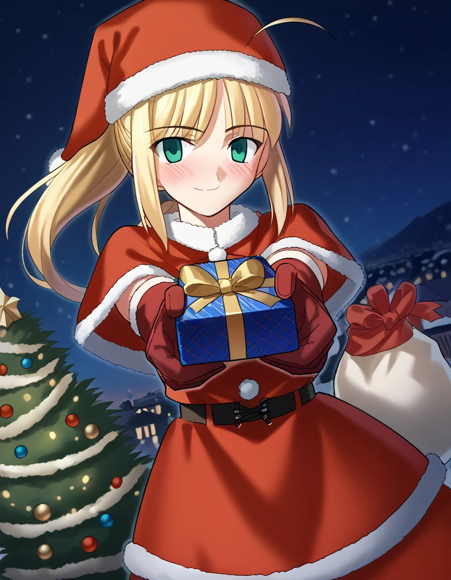 score_9, score_8_up, score_7_up, source_anime, <lora:artoria-pendragon-ingame-ponyxl-lora-nochekaiser:1>, artoria pendragon, artoria pendragon (fate), saber, long hair, blonde hair, green eyes, ponytail, ahoge, medium breasts,, <lora:santa-costume-ponyxl-lora-nochekaiser:1>, santa costume, santa hat, christmas, sack, merry christmas, gift, fur-trimmed headwear, holding sack, santa dress, fur-trimmed dress, christmas tree, christmas tree, fur trim, red capelet, gift box, red gloves, fur-trimmed capelet, santa gloves, red hat, hat,, smile, blush, looking at viewer, <lora:incoming-gift-ponyxl-lora-nochekaiser:1>, incoming gift, outstretched arms, holding, holding gift, gift, gift box,, , dutch angle, cowboy shot