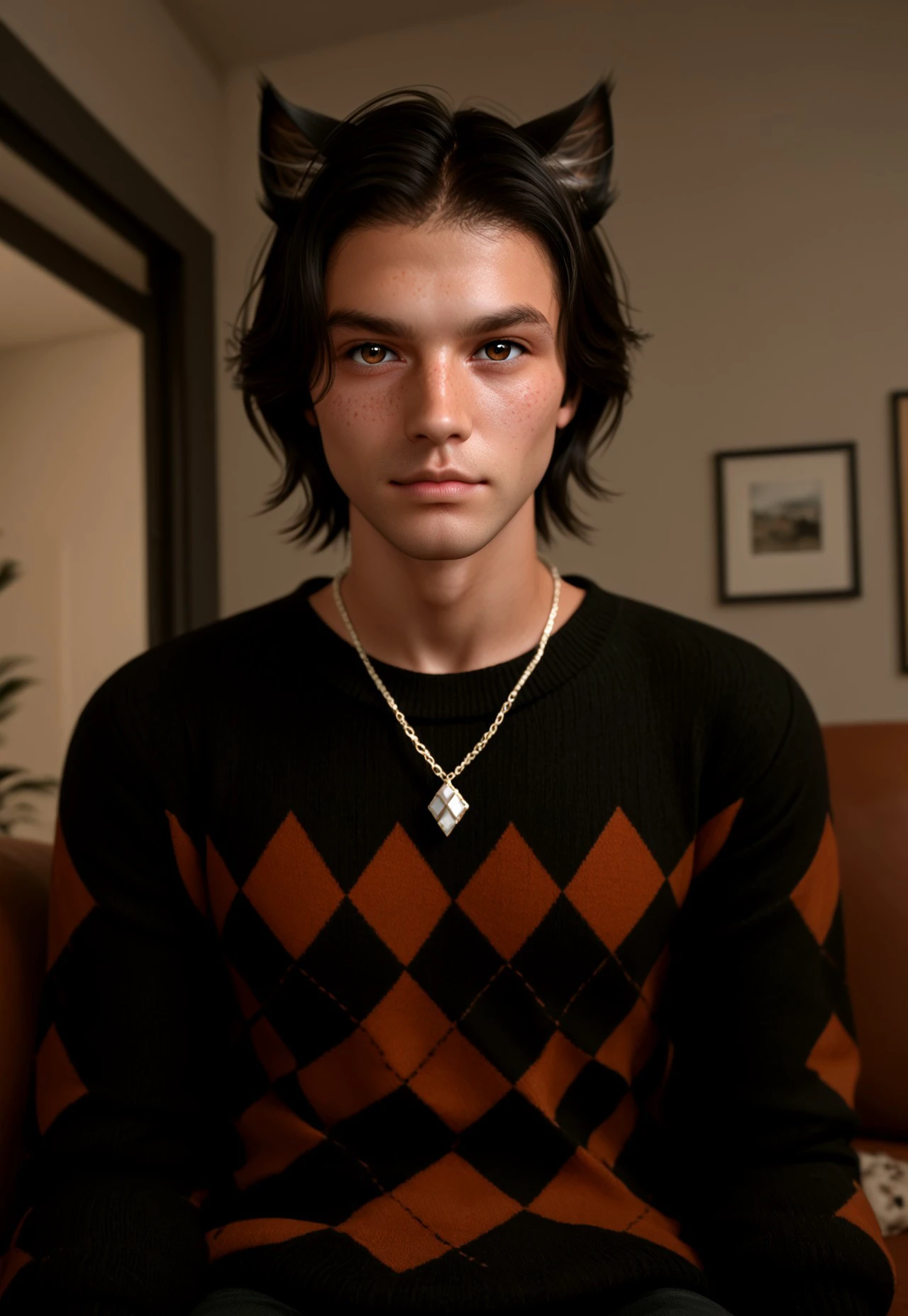 score_9, score_8_up, score_7_up, score_6_up, score_5_up, score_4_up BREAK Vdiff1_dskfll, animal ears, solo, male focus, 1boy, black hair, jewelry, realistic, cat ears, brown eyes, necklace, sweater, looking at viewer, freckles, indoors, argyle