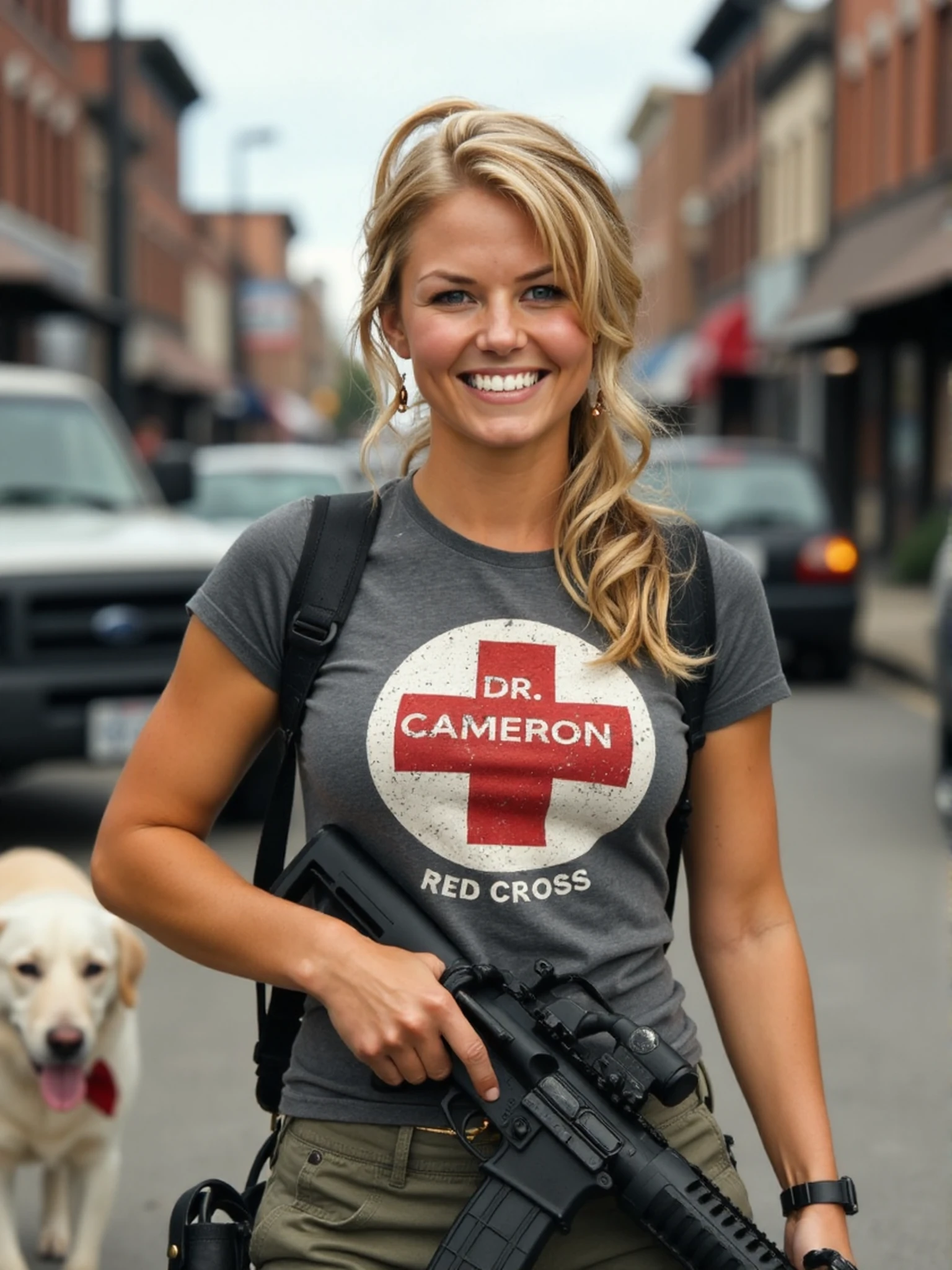 <lora:Jennifer_Morrison_v2:1> woman, smiles, long blonde wavy hair in a bun <lora:zz_s_Vintage_T_Shirt:1> vintage t-shirt with text "Dr Cameron" and the Red Cross logo., looking directly at the viewer, looking directly at the camera, making eye contact, looking straight ahead, extreme close-up, zoomed, focus on face, centered, macro shot, face centered, focus on eyes, tan athletic body, neutral expression, looking at something in the distance, pointing, eyes squinting, carrying a G36 assault rifle that is pointed at the ground, cargo shorts, a loyal dog stands nearby wearing a bandana around its neck, rubble all around, burned out buildings and vehicles, post-apocalyptic