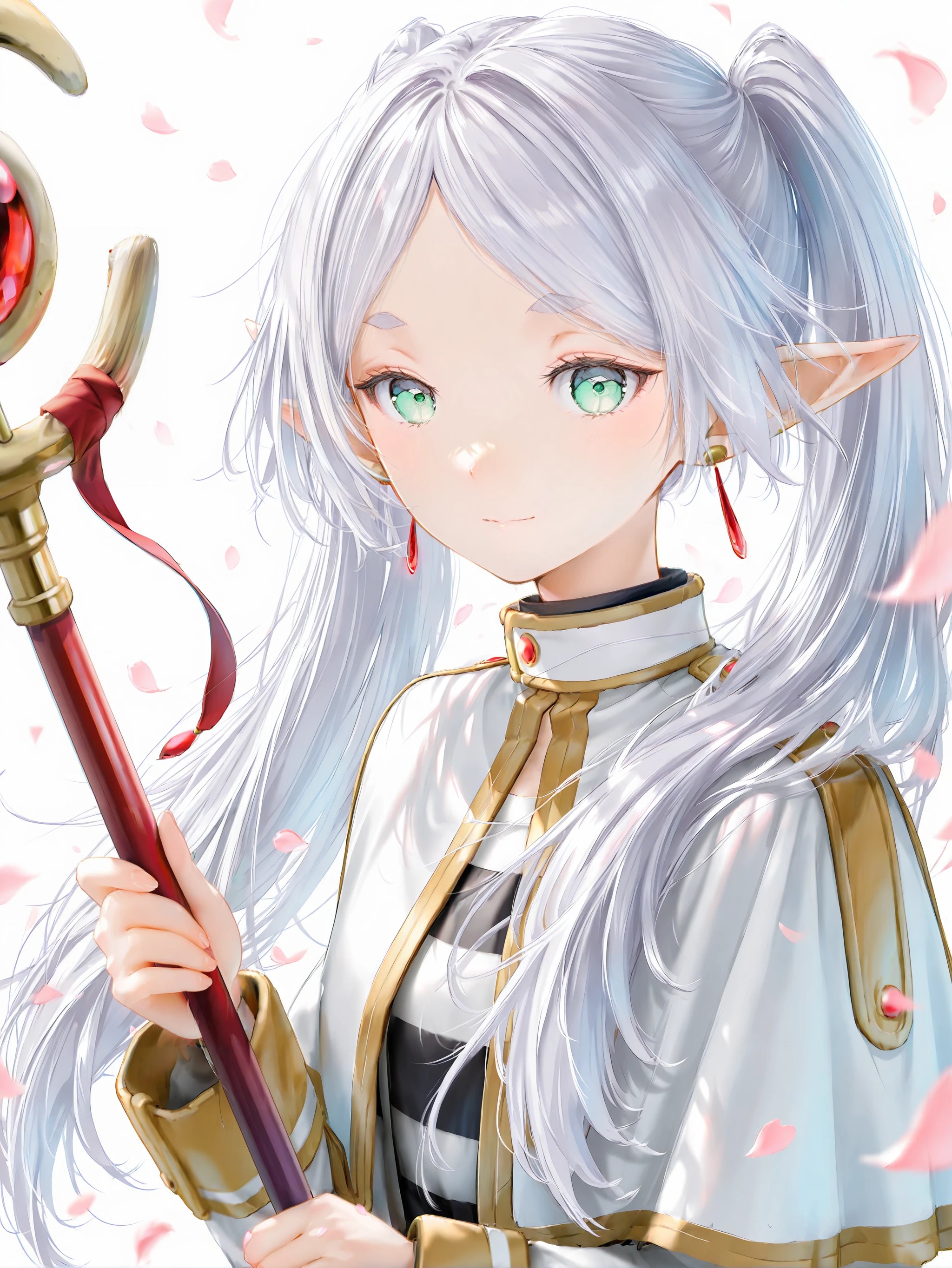 masterpiece,best quality,1girl,solo,absurdres,
frieren, sousou no frieren, 1girl, capelet, closed mouth, earrings, elf, falling petals, floating earring, gold trim, green eyes, grey hair, holding, holding staff, jacket, jewelry, light blush, light smile, long hair, long sleeves, looking at viewer, mage staff, parted bangs, petals, pointy ears, shirt, solo, staff, striped clothes, striped shirt, thick eyebrows, twintails, white background, white capelet, white hair, white jacket
upper body,<lora:jizell-illV1-000018:1>,