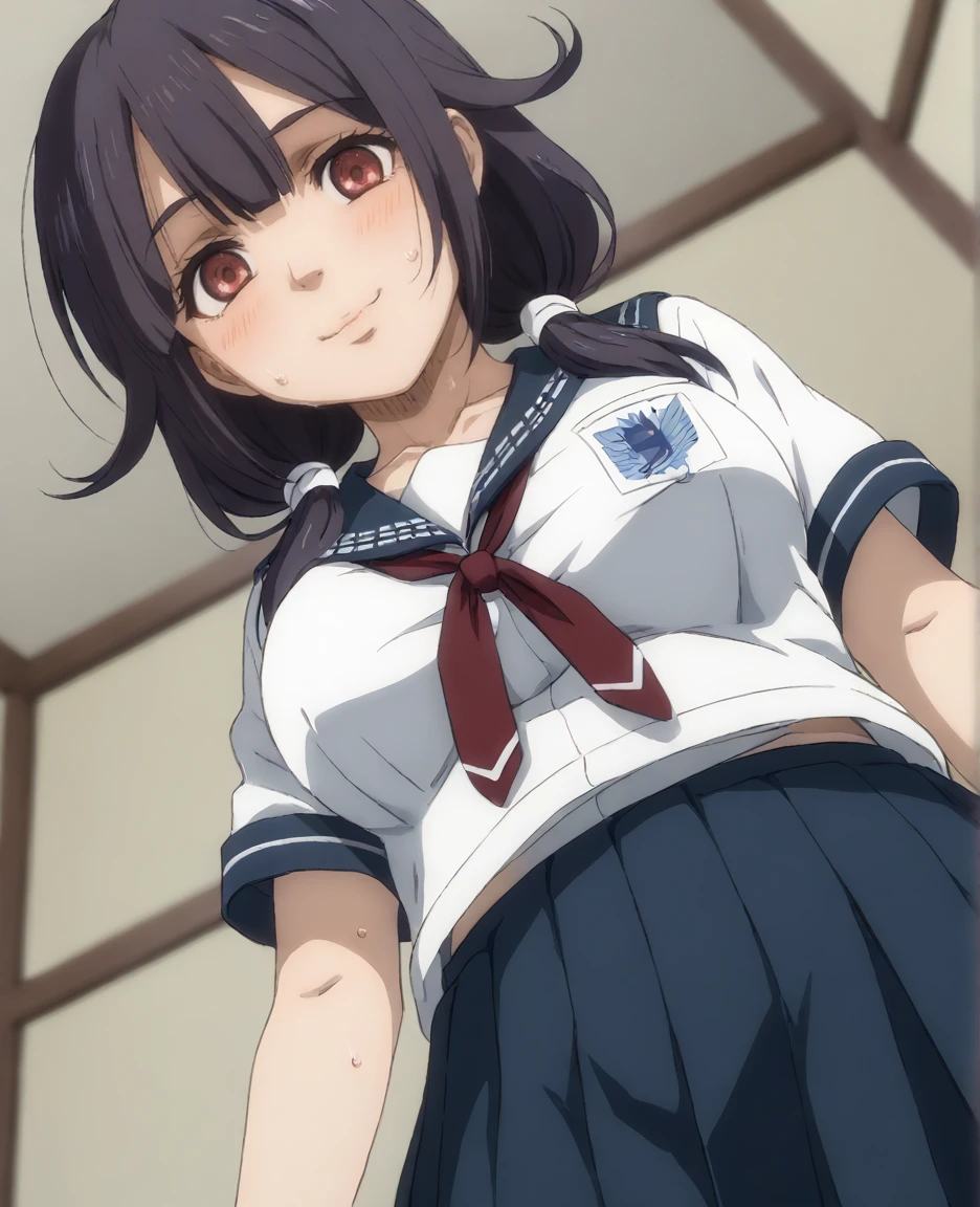 large breasts, <lora:SNK:1>,mappa, ,large breasts, sweat,, seductive smile, side,  <lora:taigei.pony:1>,taigei,, school uniform, def,standing, room,from below,