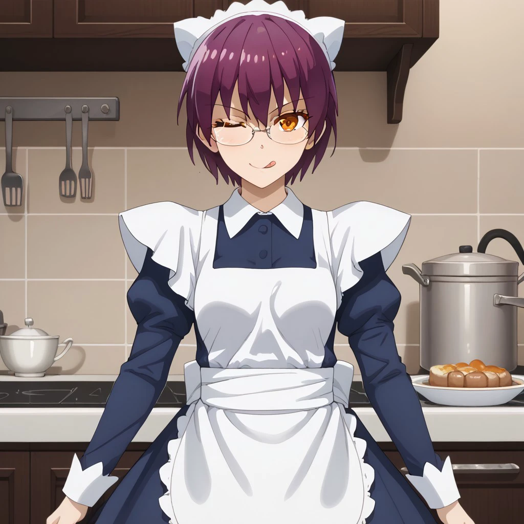 best quality, masterpiece, break, aurora_tk, purple hair, short hair, maid headdress, glasses, orange eyes, maid outfit, apron, one eye closed, tongue out, kitchen, looking at viewer