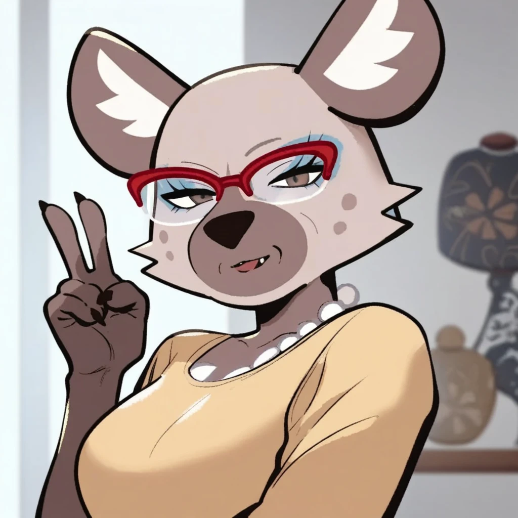 score_9, score_8_up, score_7_up,,furry, anthro, furry, sexy, ,aggretsuko, hyena, red glasses, 1girl, solo, alone, v sign, top, Haida's mom