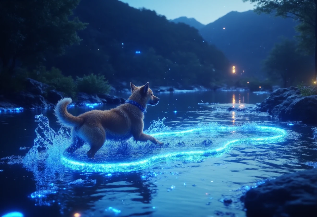 a dog playing in a lake, glowing lights
ff-aquaflux <lora:Aquaflux:1>