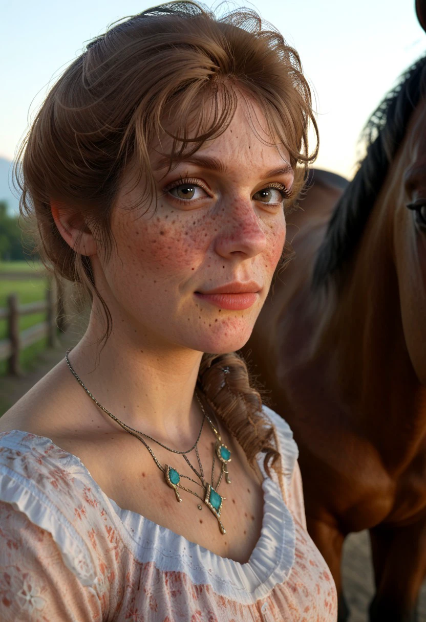 score_9, score_8_up, score_7_up Mary Beth Gaskill freckles looking at viewer next to a horse