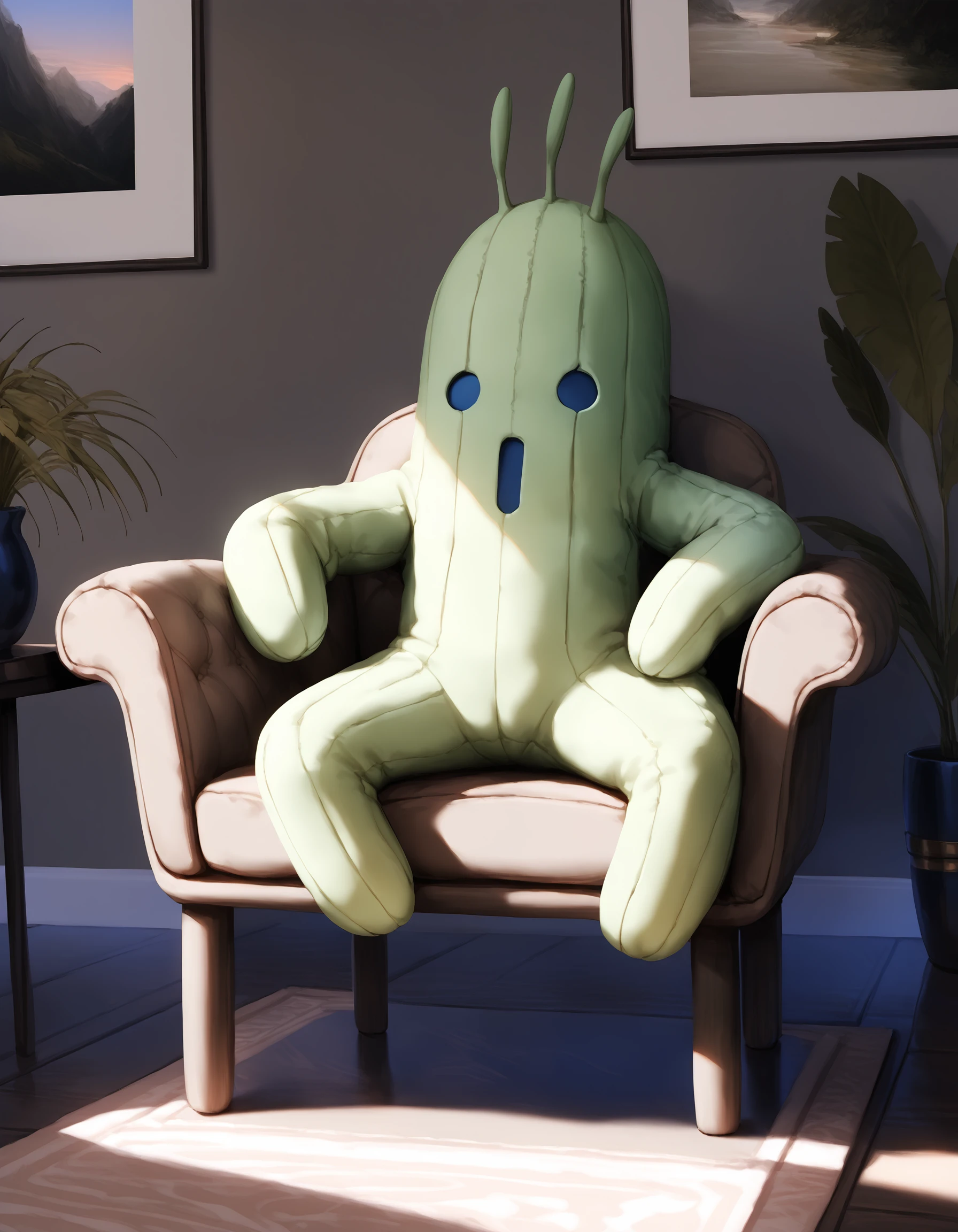 zPDXL3,full_body,living room,1other,<lora:Pony_DetailV2.0:1>,night,chair,
BREAK cactuar,no humans,green skin,<lora:cactuar-pony:1>,sitting,