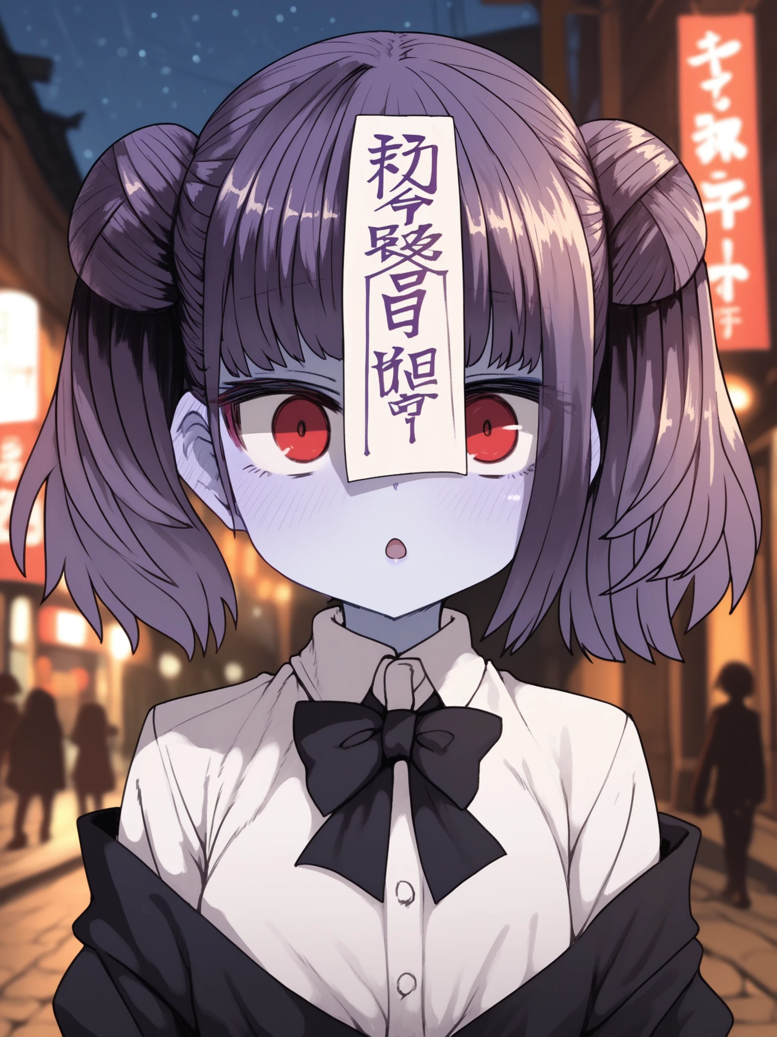 <lora:happy_tentacle-sumisifu-v0.4-000004:1>, ht_sumisifu, colored skin, blue skin, purple hair, red eyes, ofuda , surprised, wide-eyed, outdoors, night upper body, 1girl, (petite:1.2), solo focus, (looking at viewer:1.1), sidelighting, (depth of field:0.8), , [(realistic, photorealistic:1.1):(realistic:1.3):22], [(3d:1.2)::10], <lora:LUUNA's Lunas-NijiJourney-SDXL-B2:0.6>, nijijourney, <lora:prgfrg23's Counterfeit-V3.0 Style SDXL_LoRA_Pony Diffusion V6 XL:0.3> <lora:Shed_The_Skin's StS_age_slider_v1_initial_release:-1.2>, score_9, score_8_up, score_7_up, score_6_up, score_5_up, score_4_up