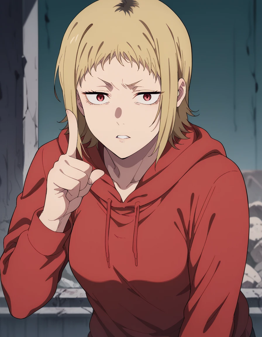 score_9, score_8_up, score_7_up, source_anime, <lora:akane-sawatari-s1-ponyxl-lora-nochekaiser:1>, akane sawatari, short hair, blonde hair, red eyes, medium breasts, hood, hoodie, red hoodie, hood down,, wasteland, barren, dry, post apocalyptic, desolate, , <lora:finger-to-cheek-ponyxl-lora-nochekaiser:1>, finger to cheek, index finger raised, pointing at self, bedroom, parted lips, leaning forward, bent over, cowboy shot, dutch angle,, looking at viewer, solo,, dutch angle, cowboy shot