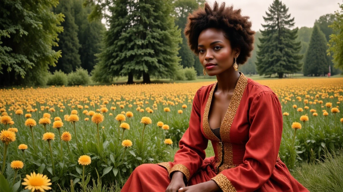 High Fashion, a field of wildflowers. Trees and a beautiful Afro-Canadian woman with a subtle smile sitting down in the sharp background, deep depth of field, clearly defined facial features, (backlight:1.4), dynamic, dramatic, haute couture, elegant, ornate clothing, High Fashion