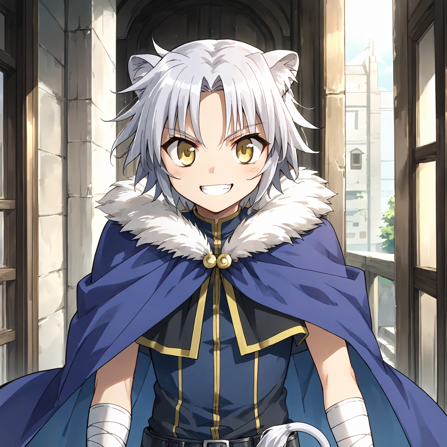 score_9, score_8_up, score_7_up, source_anime BREAK
1boy, solo, gaul, grey hair, yellow eyes, lion ears, lion tail, sleeveless shirt, cape, smile, 
zPDXL3, <lora:gaulPony-000008:0.8>, cowboy_shot