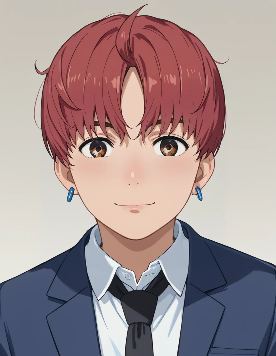 score_9, score_8_up, score_7_up, source_anime, high res image, masterpiece, best quality, BREAK
1boy, solo, gradient background, looking at viewer, front view, portrait, light smile, closed mouth,
jin enjoji (dandadan s1), short hair, red hair, brown eyes, earrings,
school uniform, blue blazer, black necktie, collared shirt,
<lora:jin_enjoji-dandadan_s1_v2-anime-soralz:1>