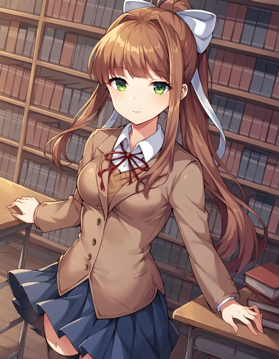 score_9, score_8_up, score_7_up, source_anime, <lora:ddlc-monika-ingame-ponyxl-lora-nochekaiser:1>, monika, blunt bangs, brown hair, green eyes, long hair, ponytail, ribbon, white ribbon, hair ribbon, sidelocks, medium breasts,, black thighhighs, blue skirt, brown jacket, jacket, long sleeves, over-kneehighs, pleated skirt, school uniform, skirt, thighhighs, zettai ryouiki,, library, shelves, books, tables, quiet, , from above,, looking at viewer, solo,, dutch angle, cowboy shot