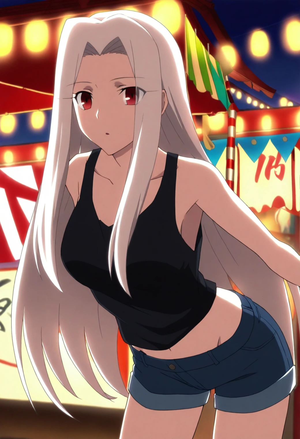 <lora:Irisviel von Einzbern - [FATE] - illustriousXL v1:1>, sysdeep_irisviel, white hair, red eyes, solo, Outdoor festival, casual shorts, tank top, colorful lighting